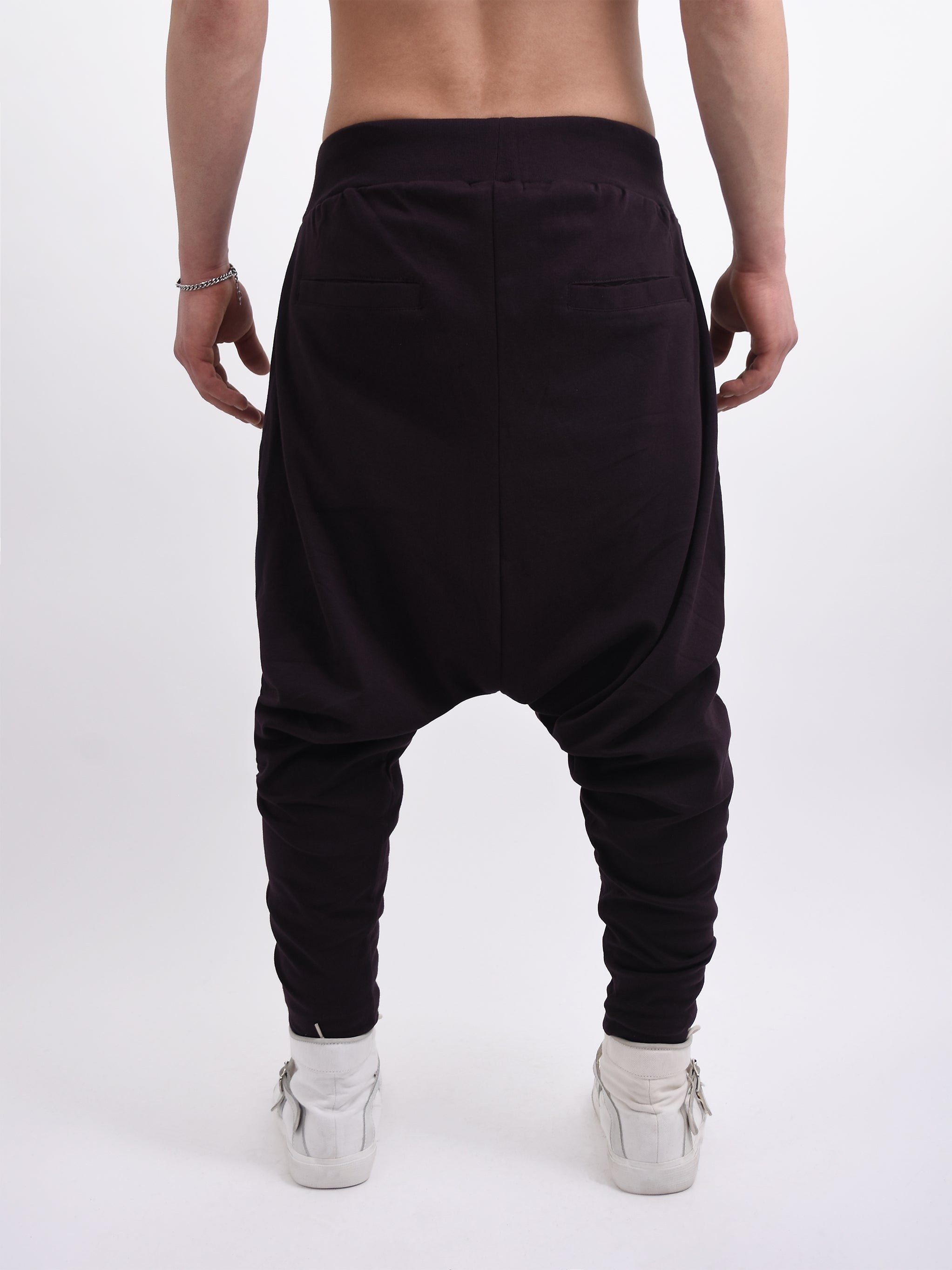 BURGUNDY DROP CROTCH JOGGERS WITH DOUBLE ZIP