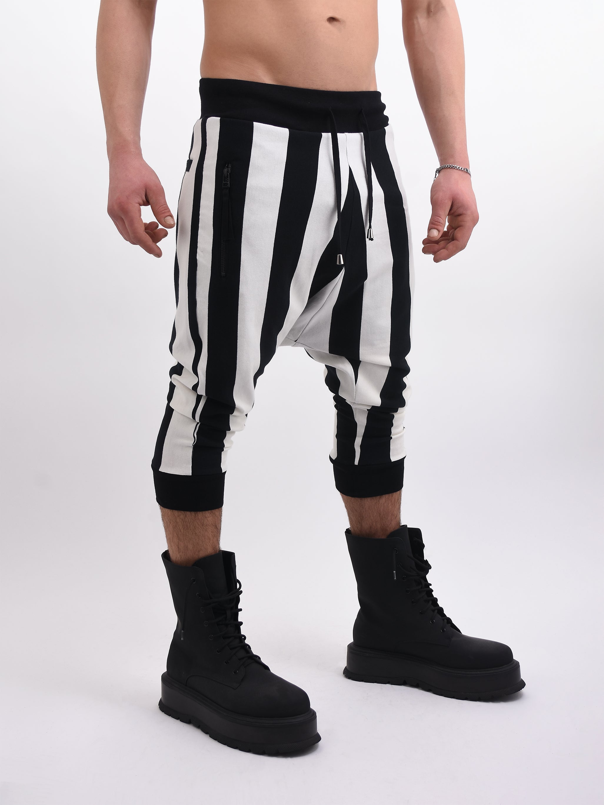 BLACK AND WHITE STRIPE CROPPED DROP CROTCH JOGGERS