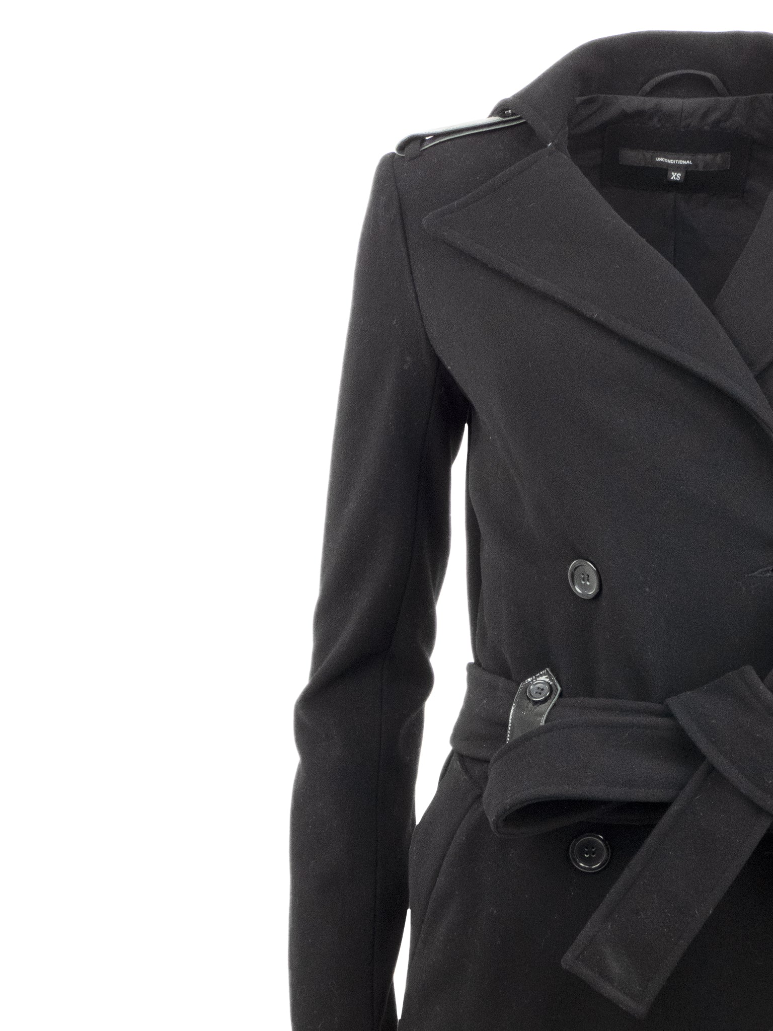 BLACK WOOL COAT WITH PATENT DETAILS