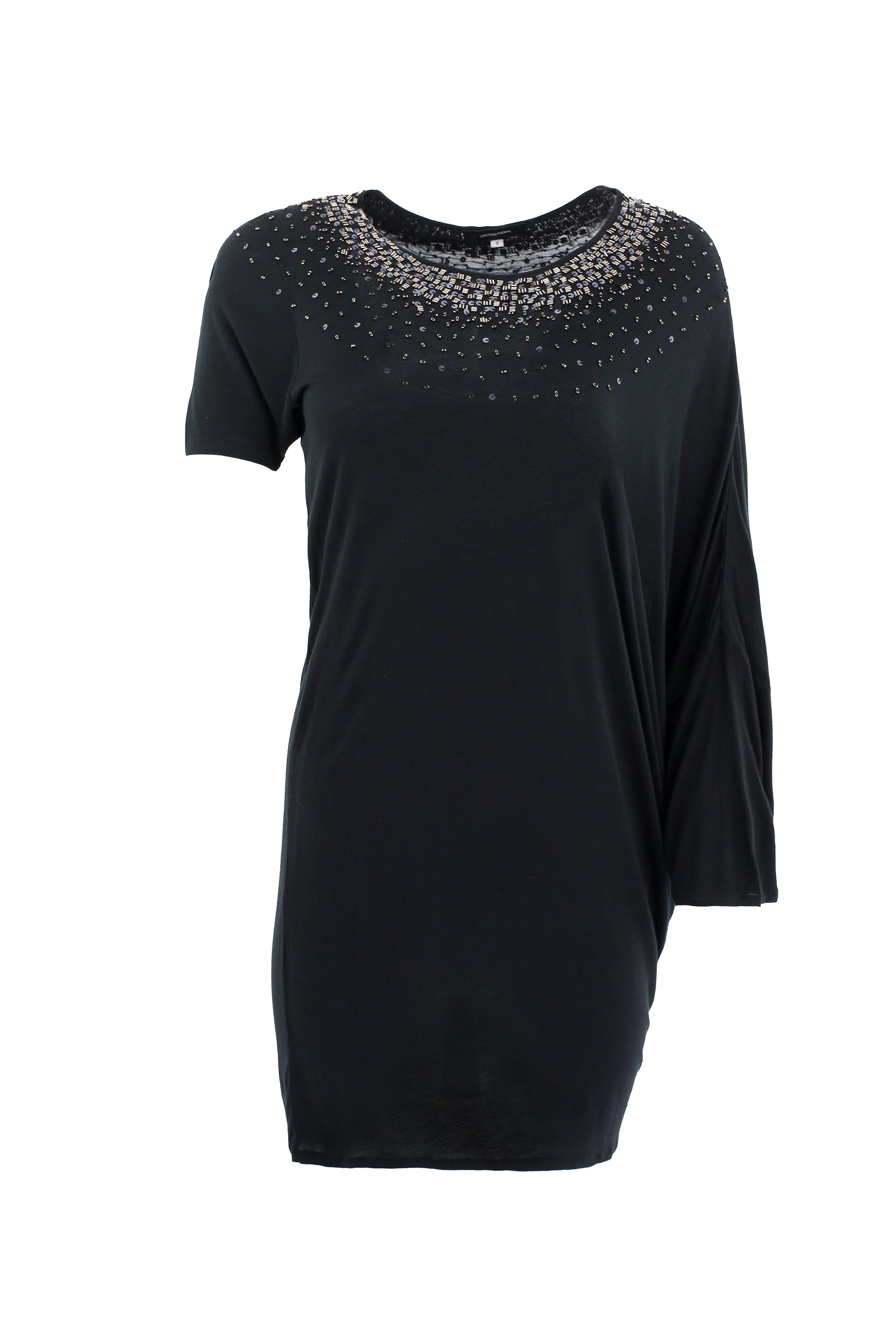 BLACK SEQUIN DRESS WITH ASYMMETRIC SLEEVES