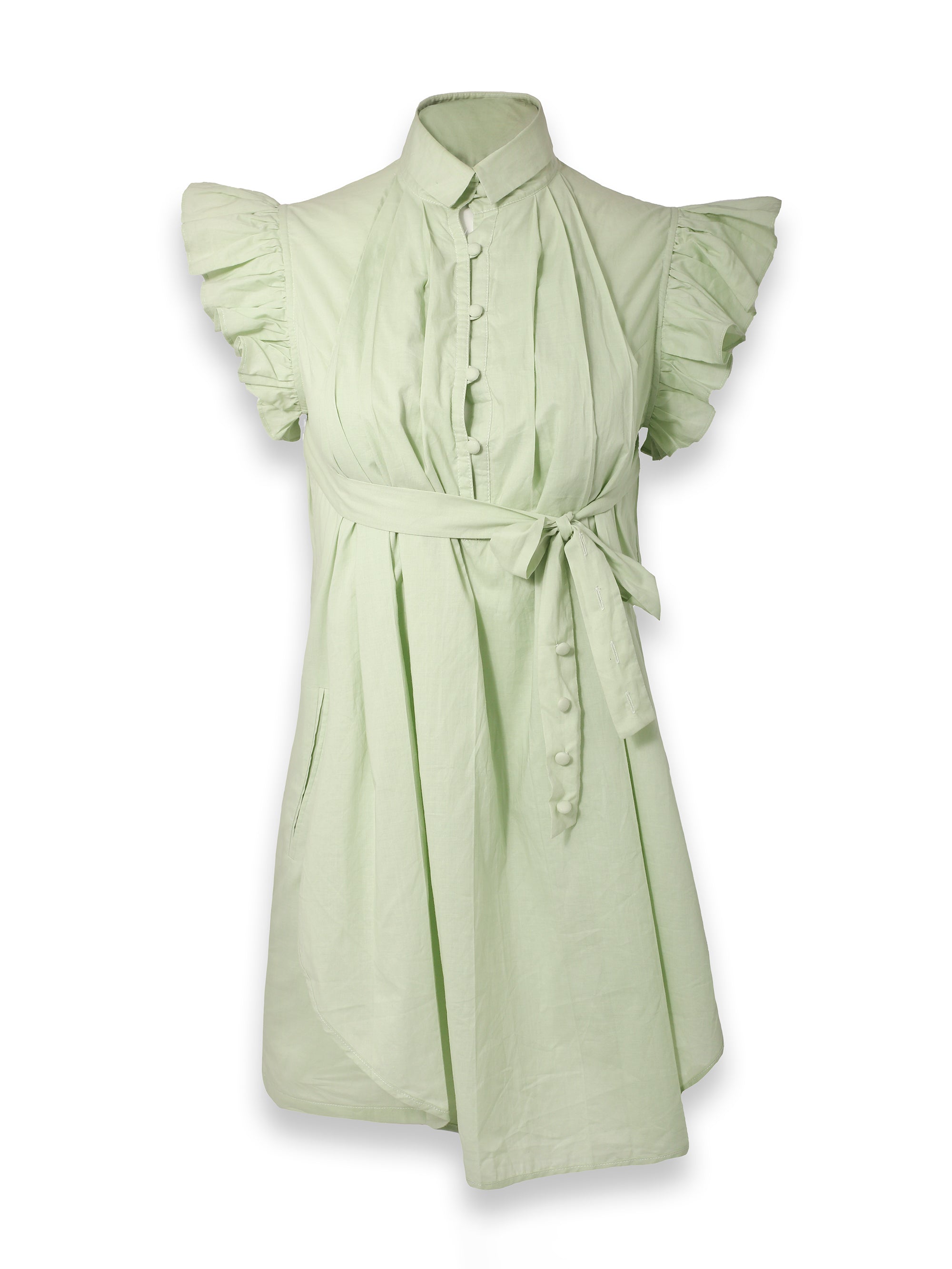 Pastel Green Puffy Sleeves Tie Up Dress