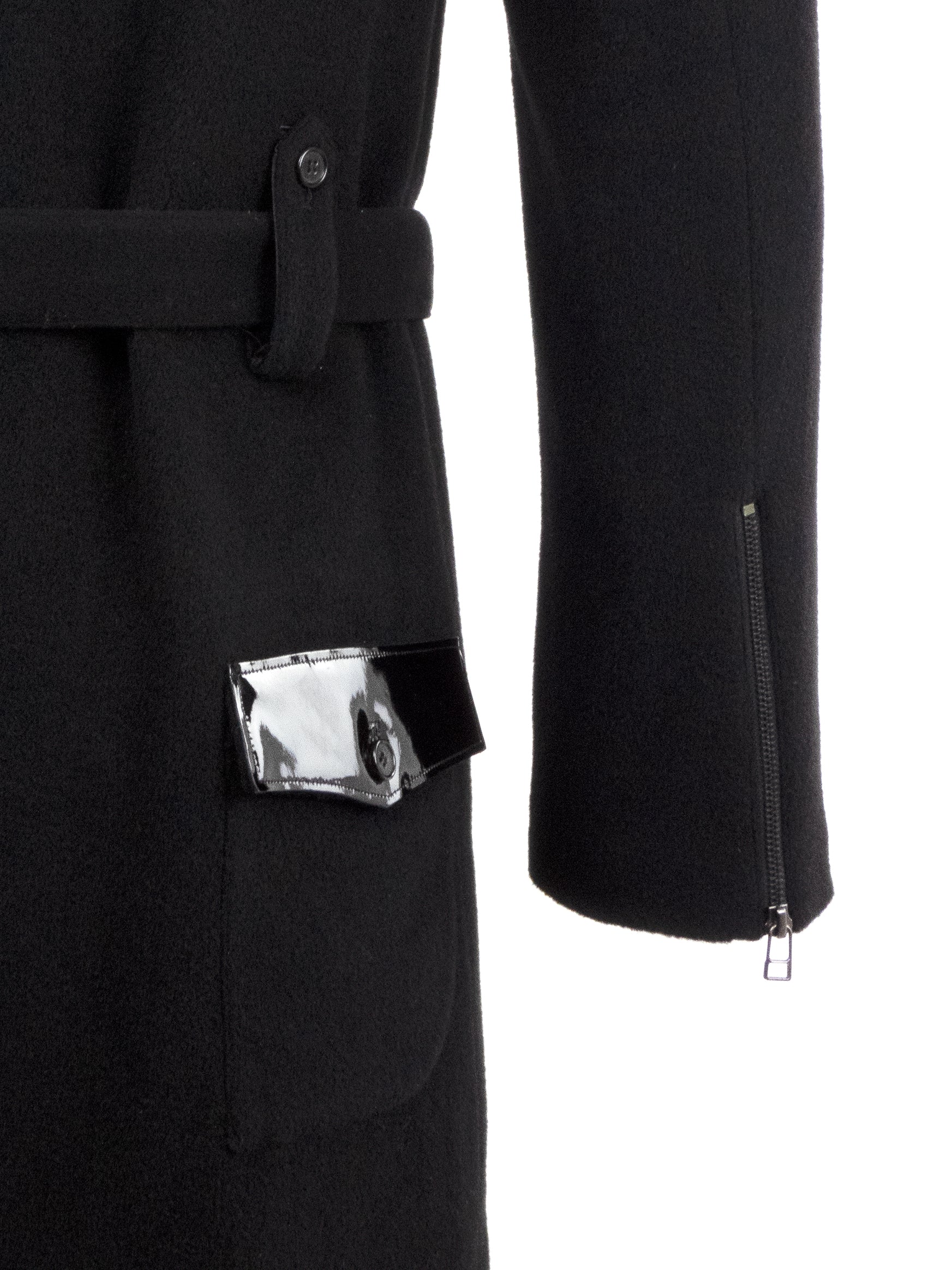 BLACK WOOL LONGLINE COAT WITH PATENT DETAILS
