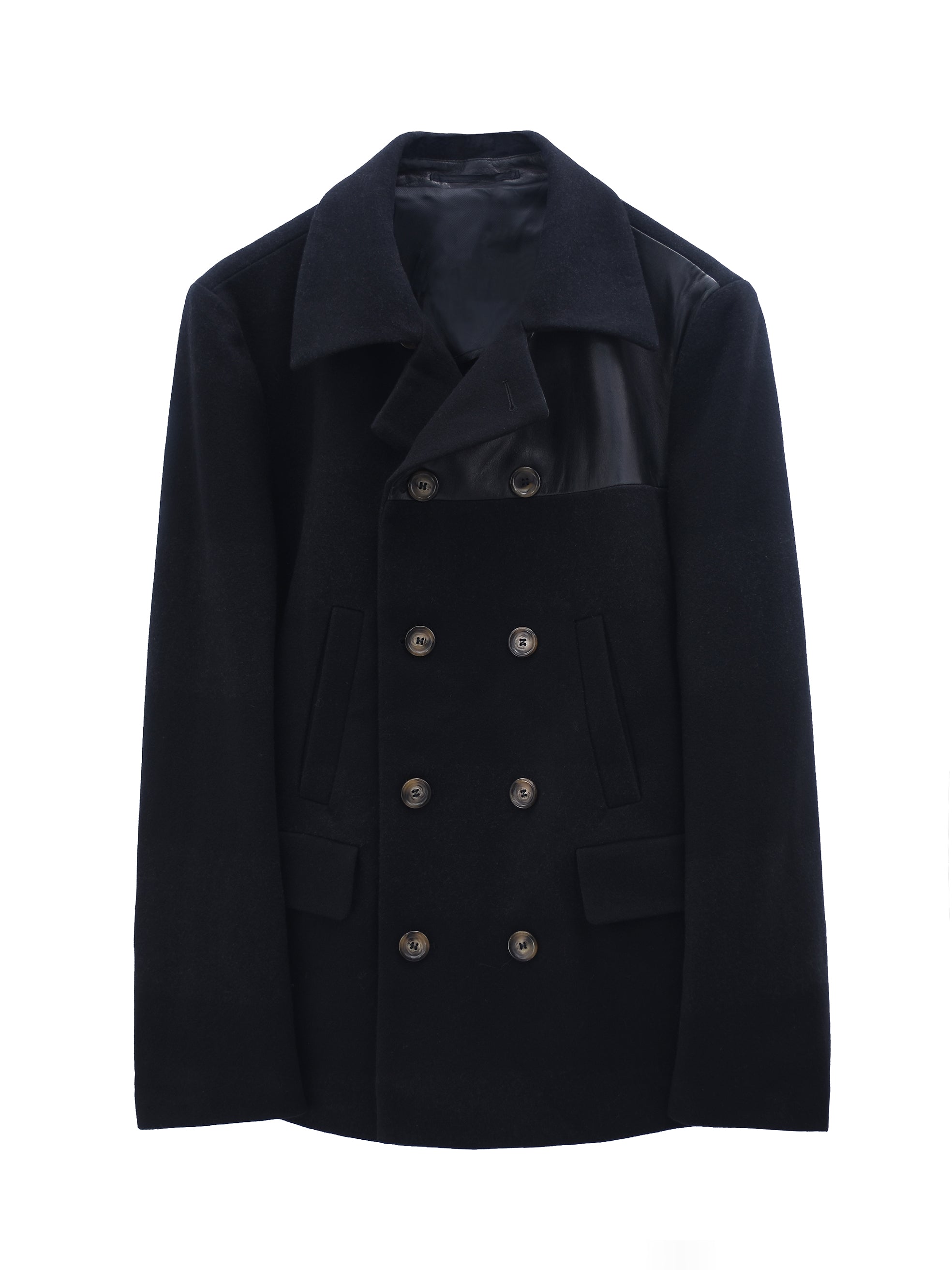 THE TUBE BLACK COAT WITH PAPER LEATHER DETAILING