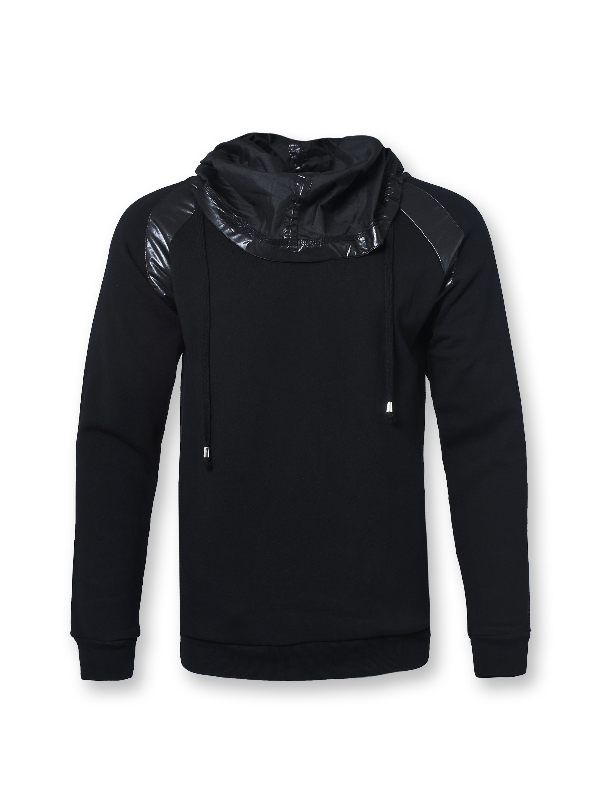 Black Funnel Neck Hoodie With Satin Details