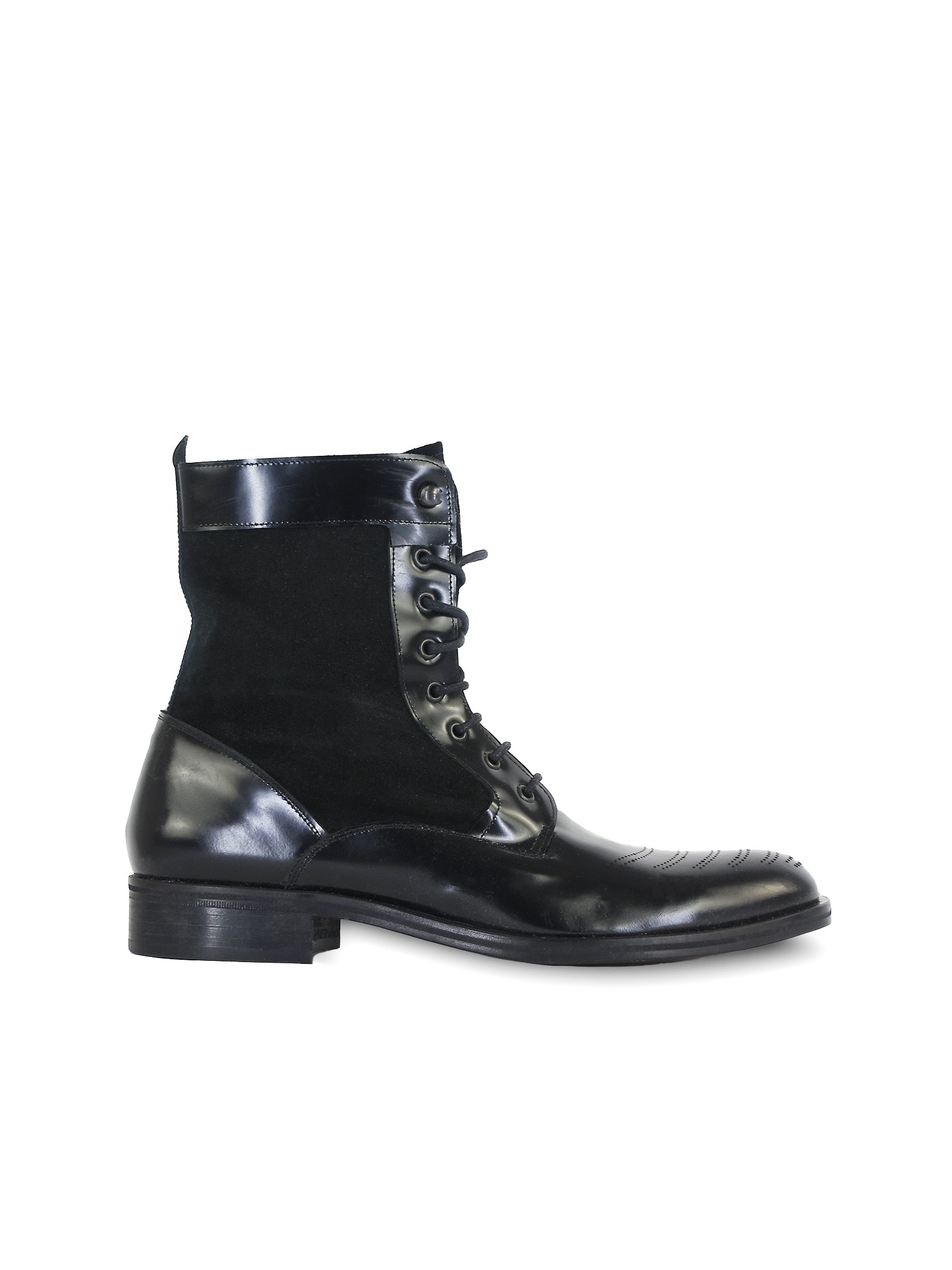 UNCONDITIONAL BLACK PATENT LEATHER AND SUEDE LACE UP DRESS BOOT