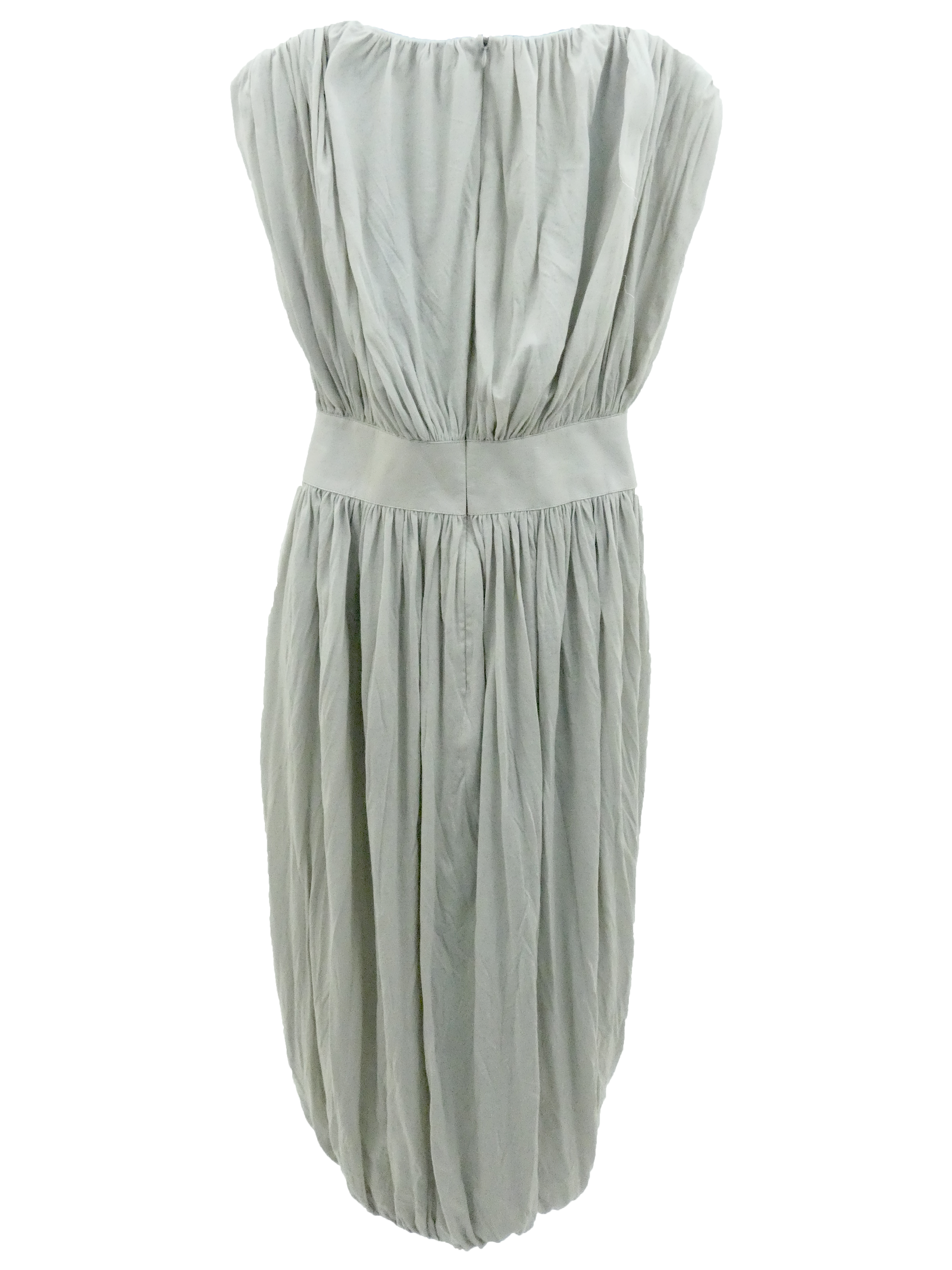 DEEP NECK RUCHED DRESS WITH LEATHER WAISTBAND IN GREIGE