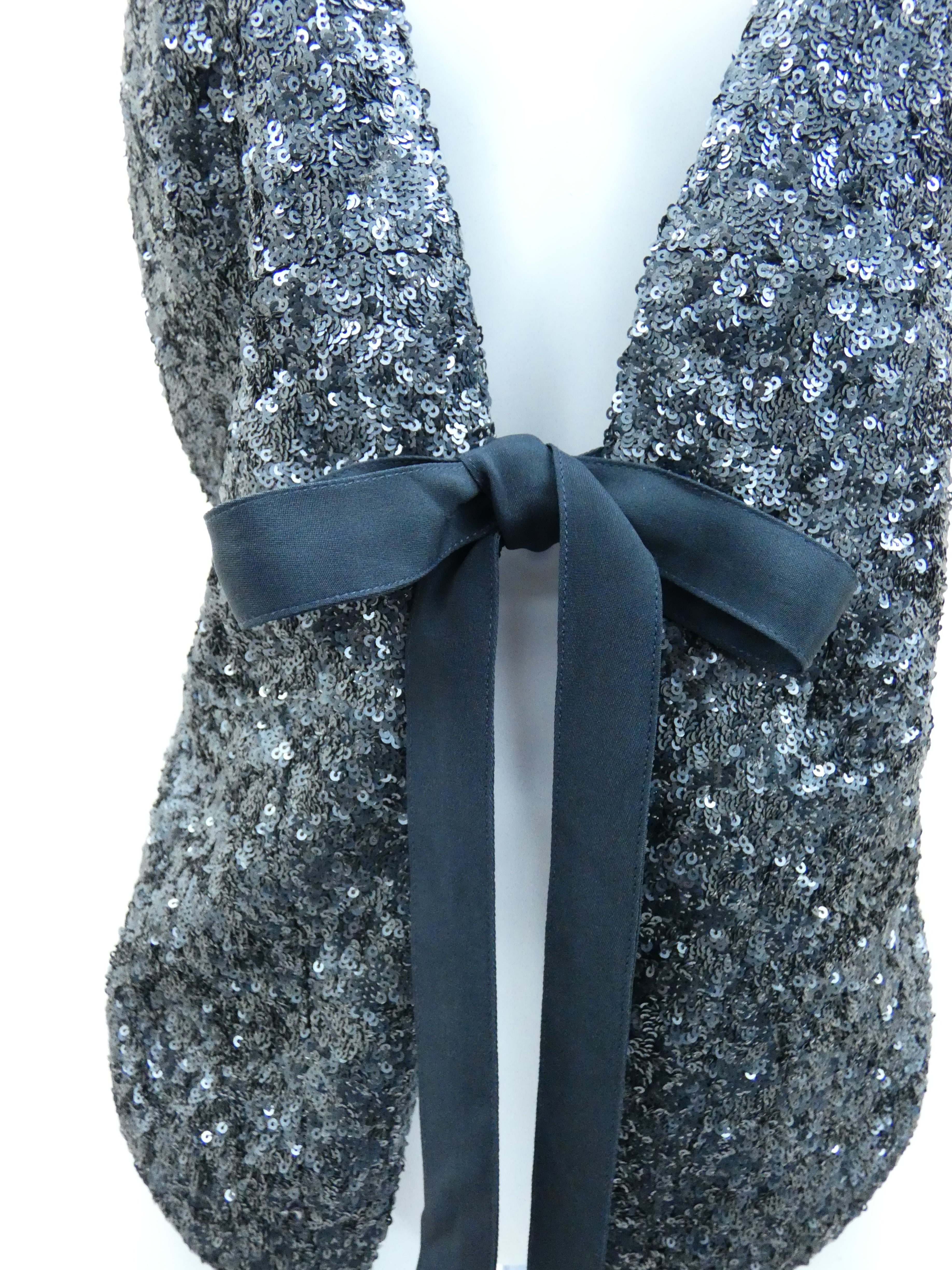 SLATE BLUE SEQUIN WAISTCOAT WITH RIBBON TIE FRONT