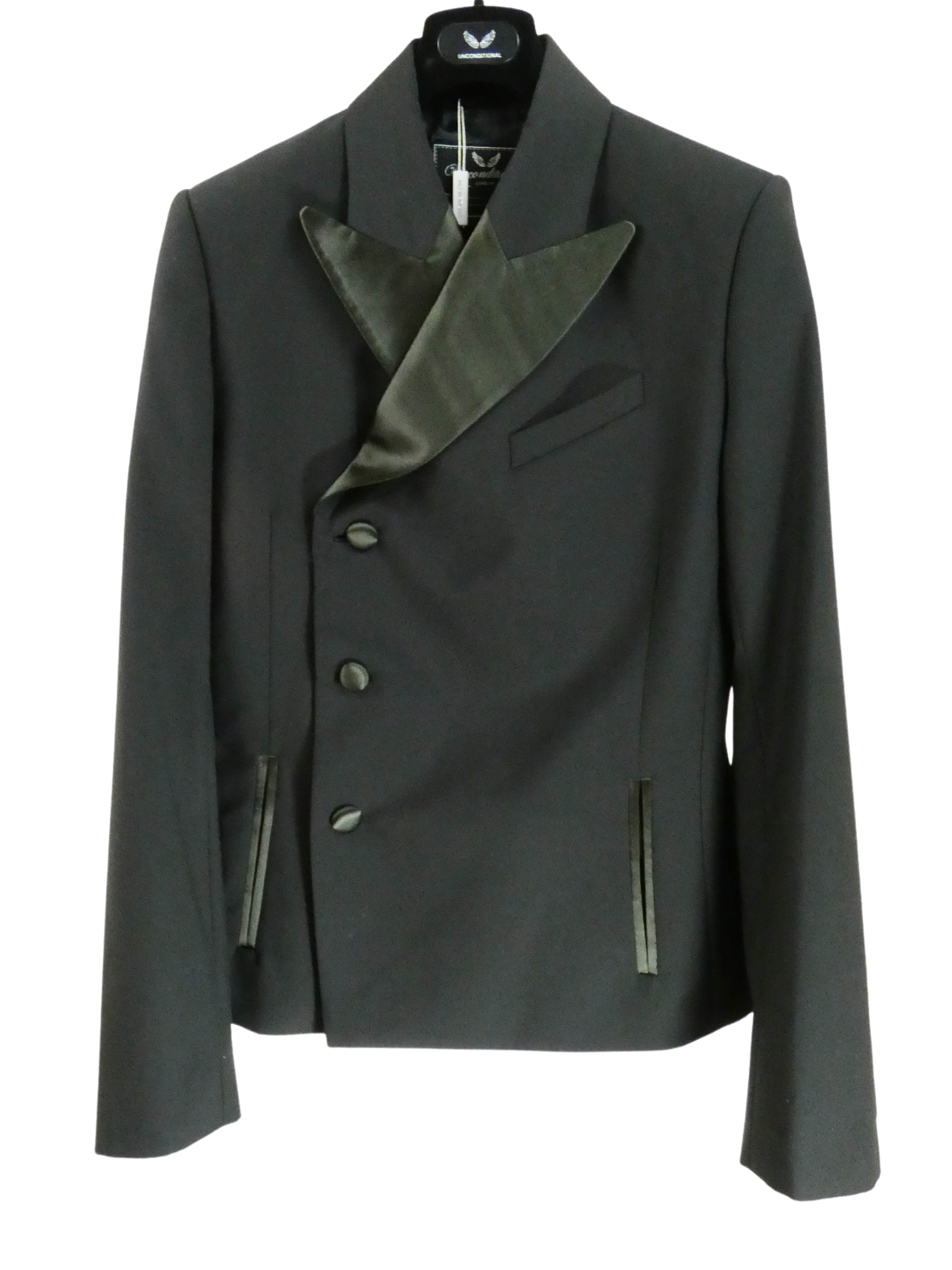BLACK DOUBLE BREASTED SILK BLAZER WITH OLIVE COLLAR