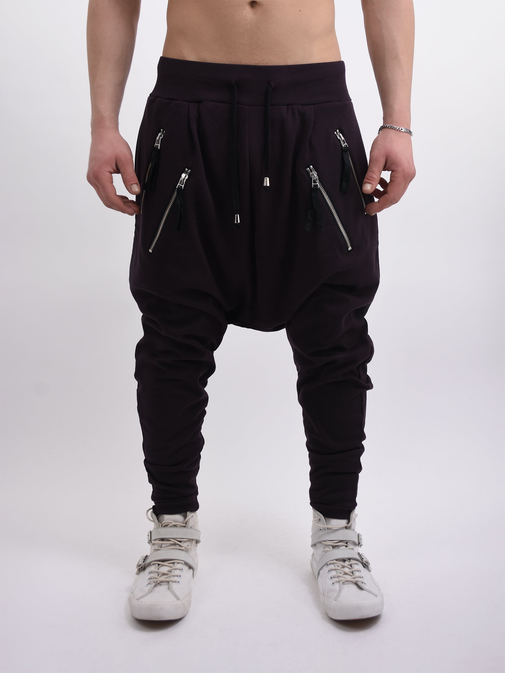 BURGUNDY DROP CROTCH JOGGERS WITH DOUBLE ZIP