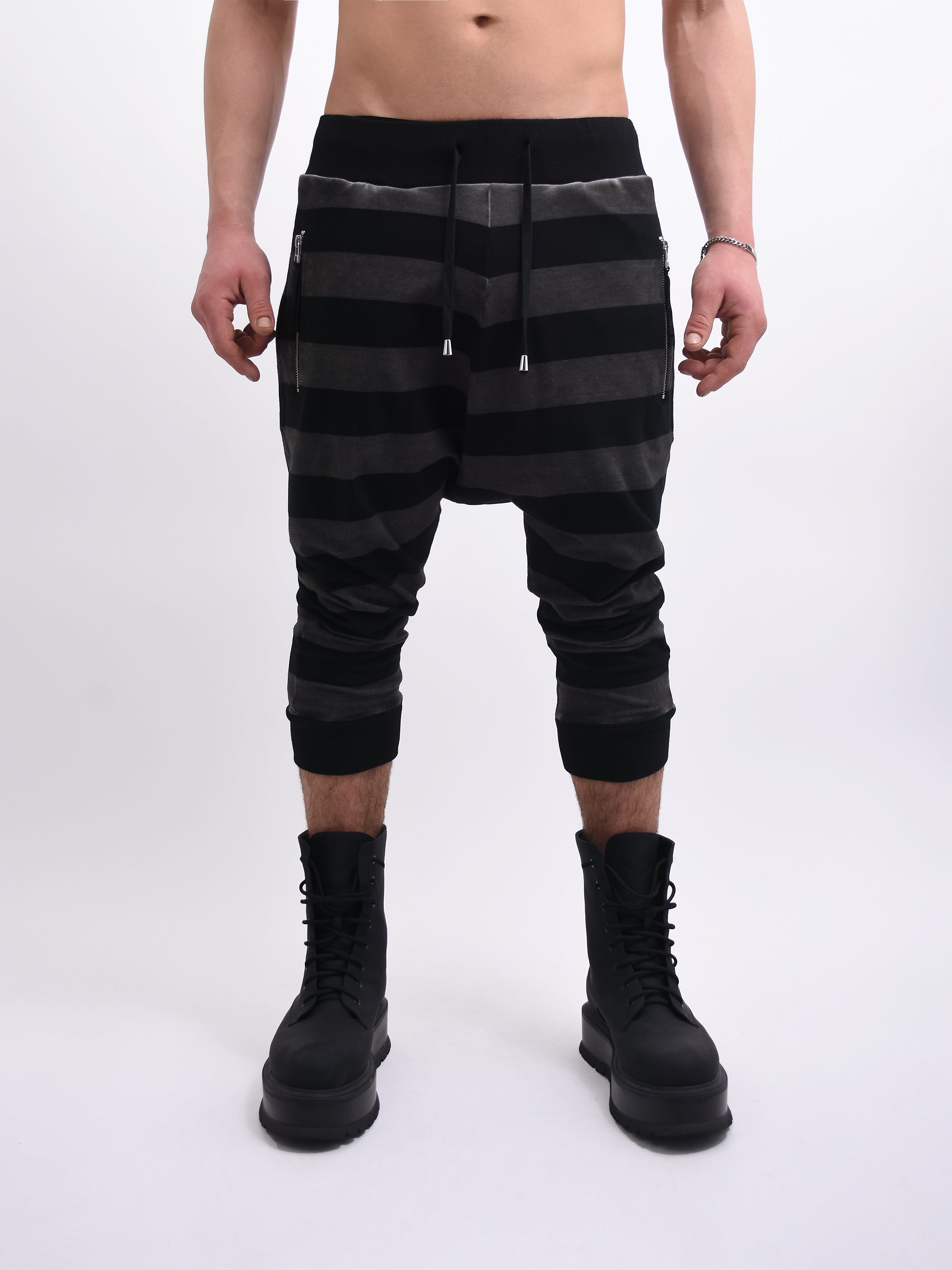 BLACK AND SHADOW STRIPE CROPPED DROP CROTCH JOGGERS