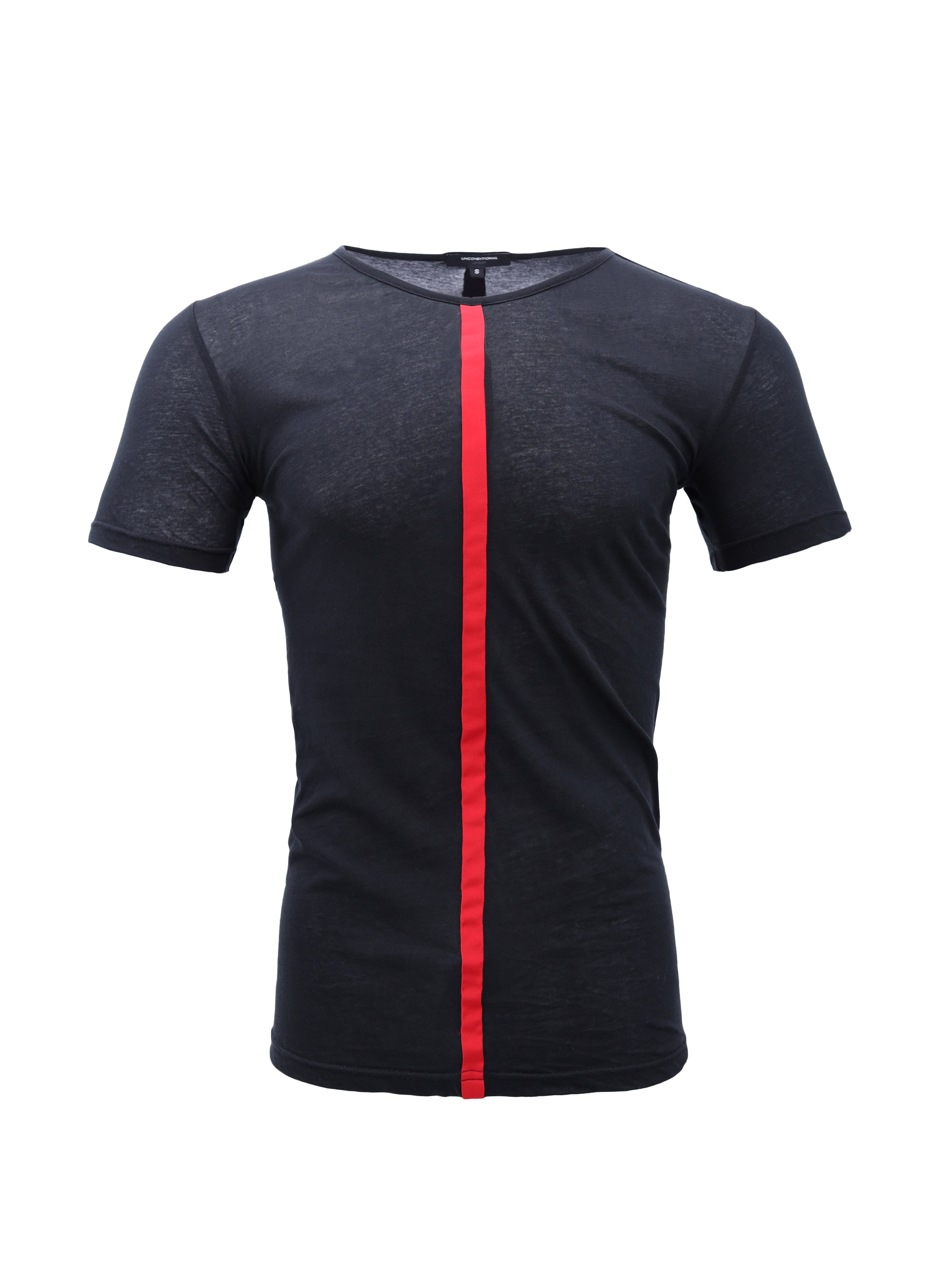 BLACK JERSEY T-SHIRT WITH RED STRIPE