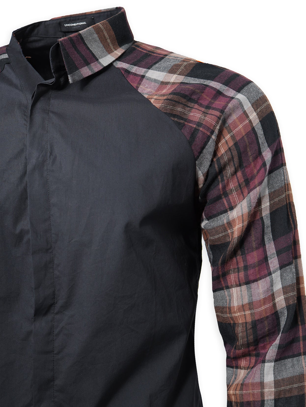 Black Half Collared Shirt With Checked Sleeves