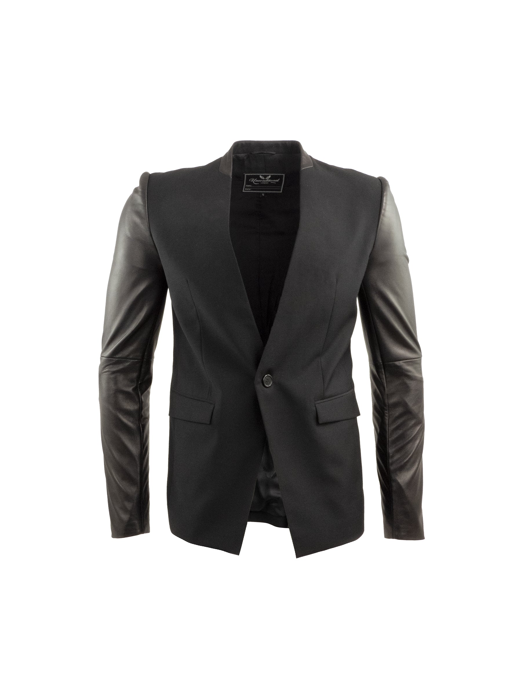 BLACK JACKET WITH LEATHER COLLAR AND SLEEVES