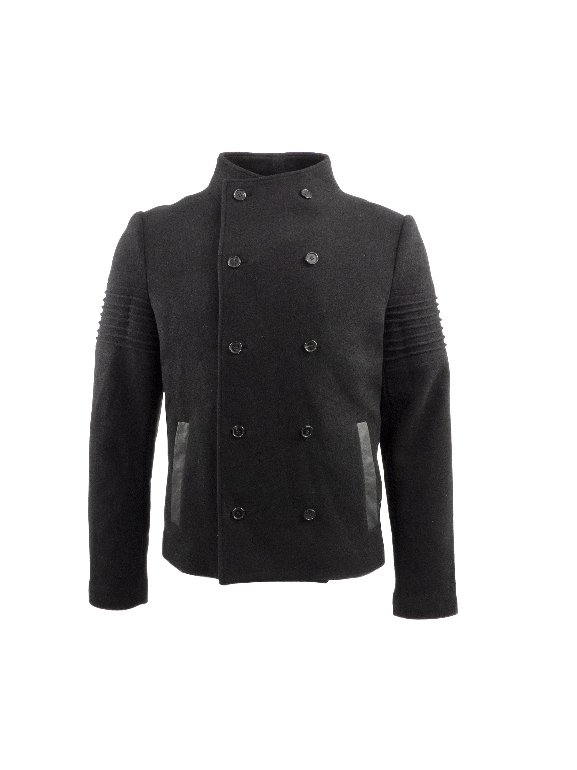 BLACK WOOL BUTTON UP JACKET WITH LEATHER DETAILING