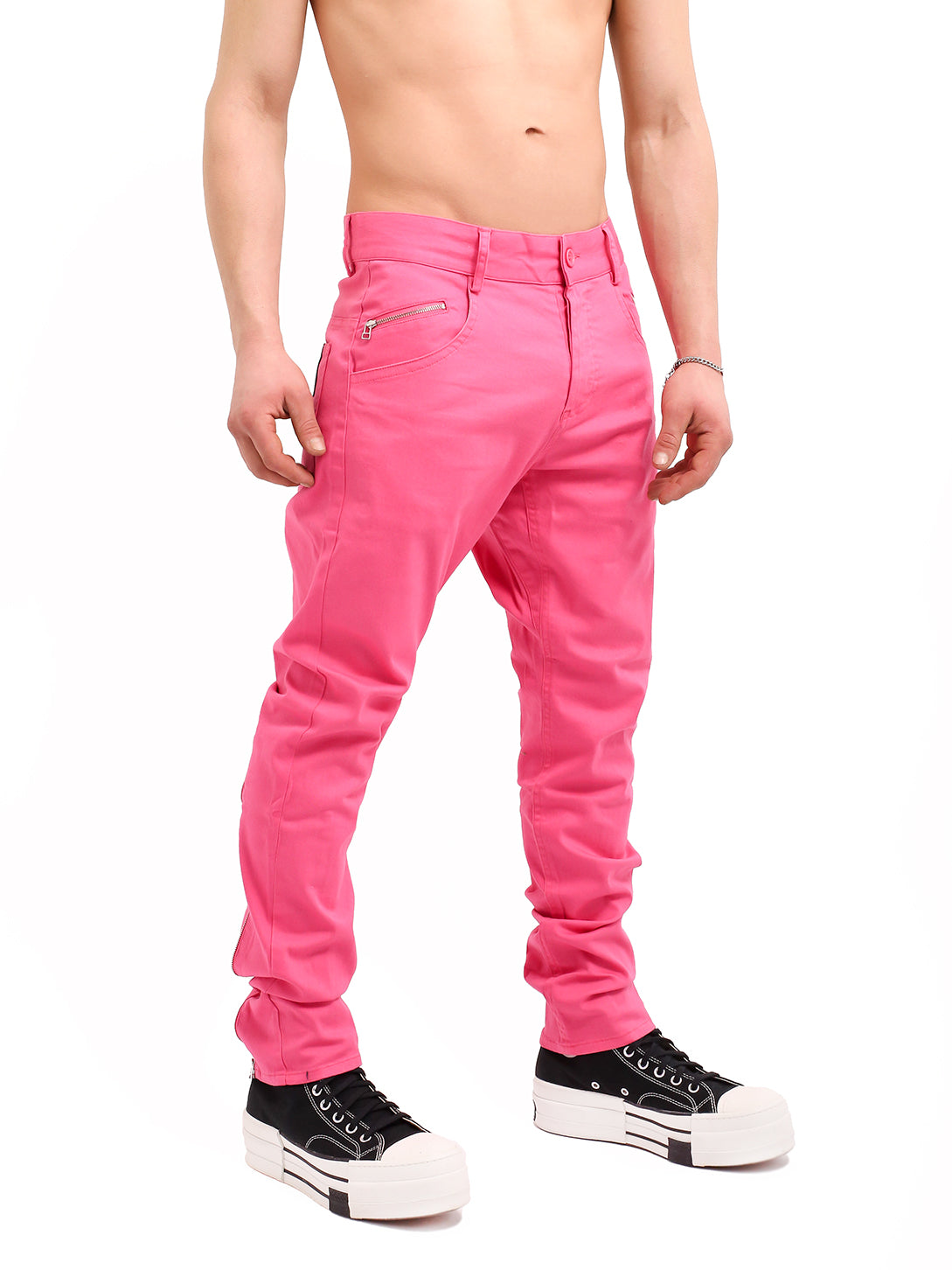 BRIGHT PINK STRAIGHT LEG JEANS WITH ZIP DETAIL