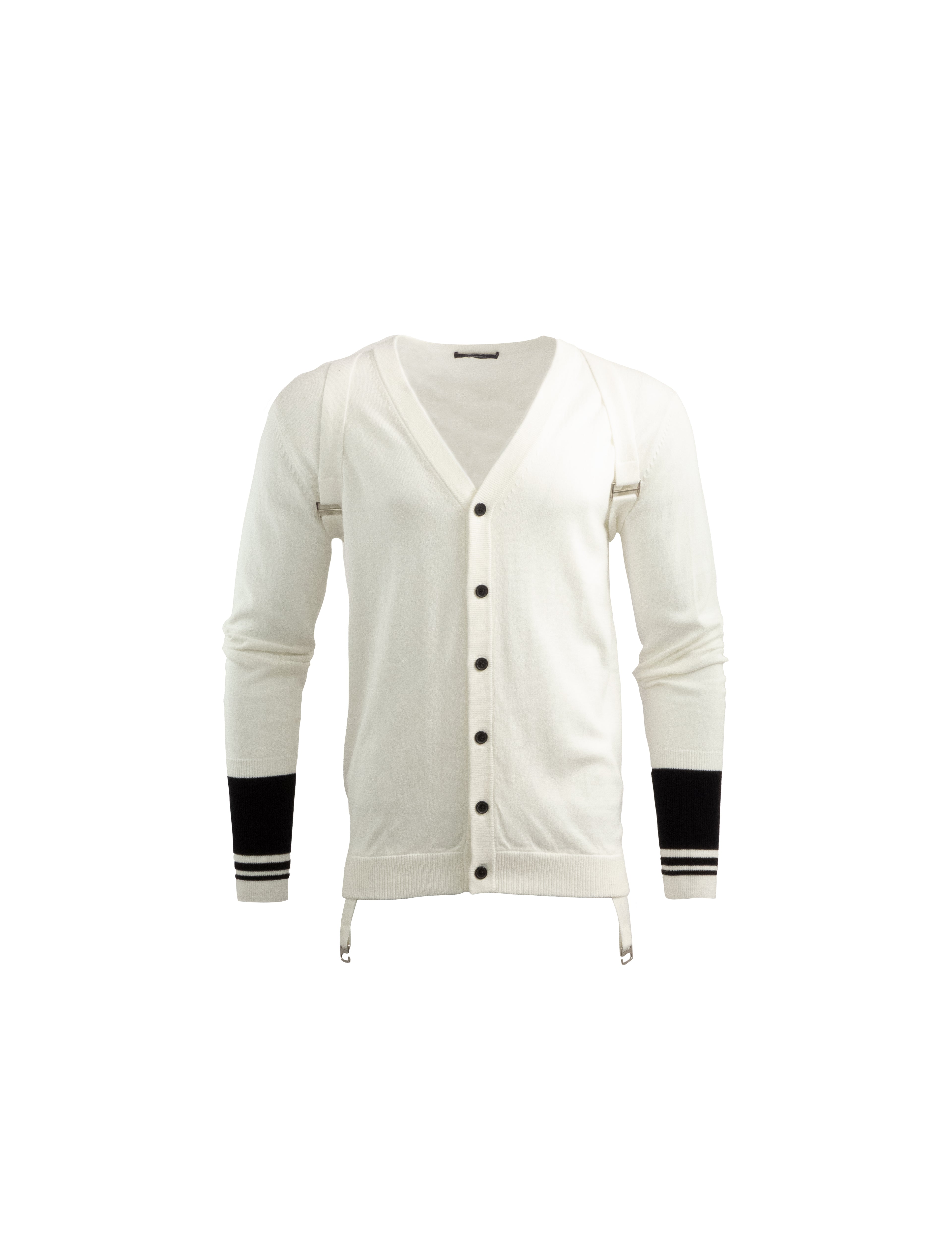 WHITE KNITTED CARDIGAN WITH BLACK STRIPED CUFFS & STRAP DETAILING