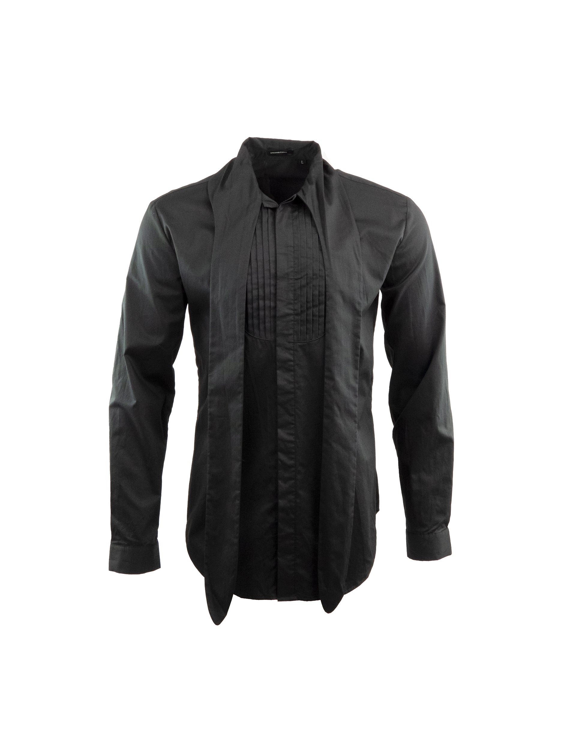 BLACK LONG SLEEVED PATTERNED NECK TIE COTTON SHIRT