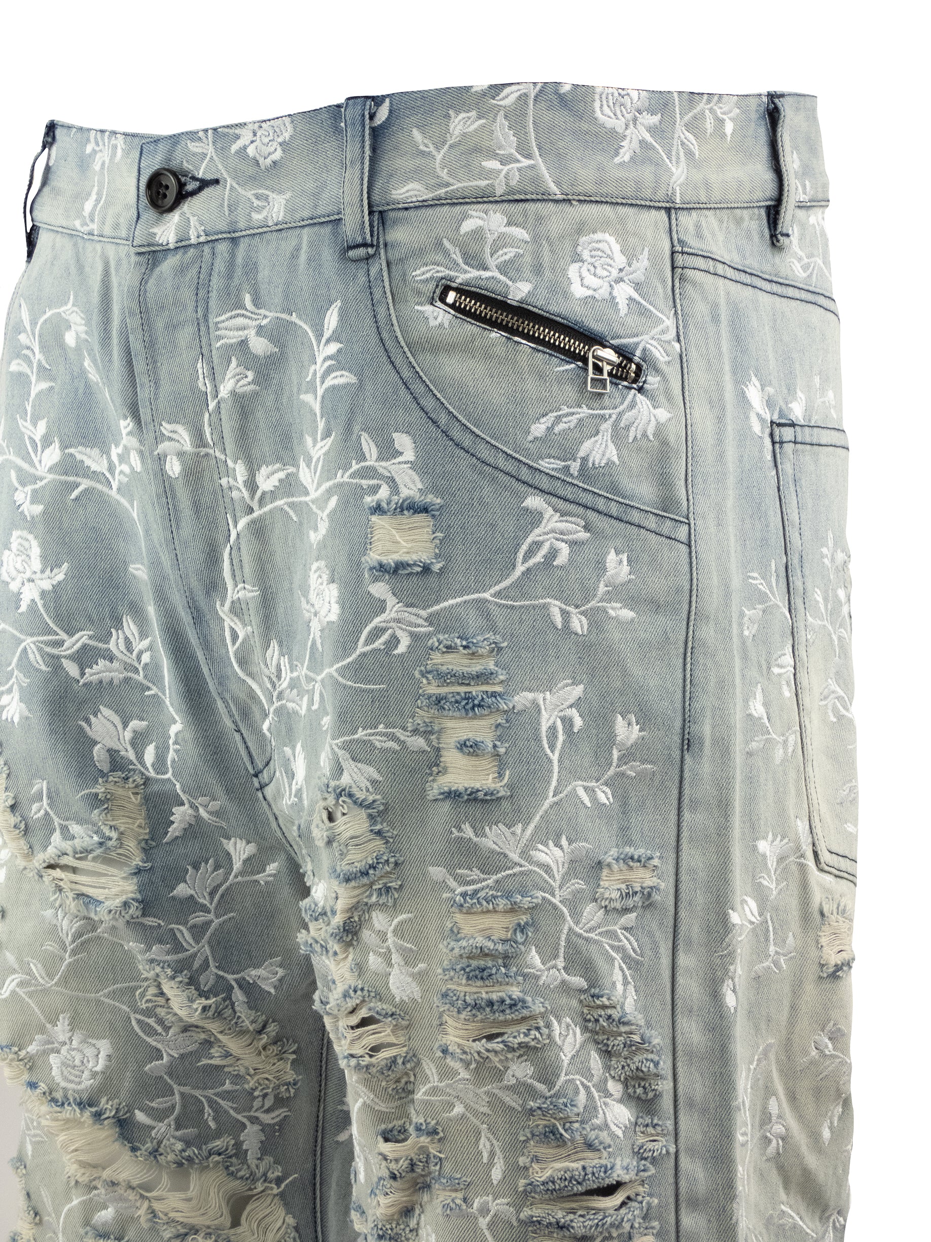 WHITE FLORAL RIPPED DENIM JEANS WITH ZIP POCKETS