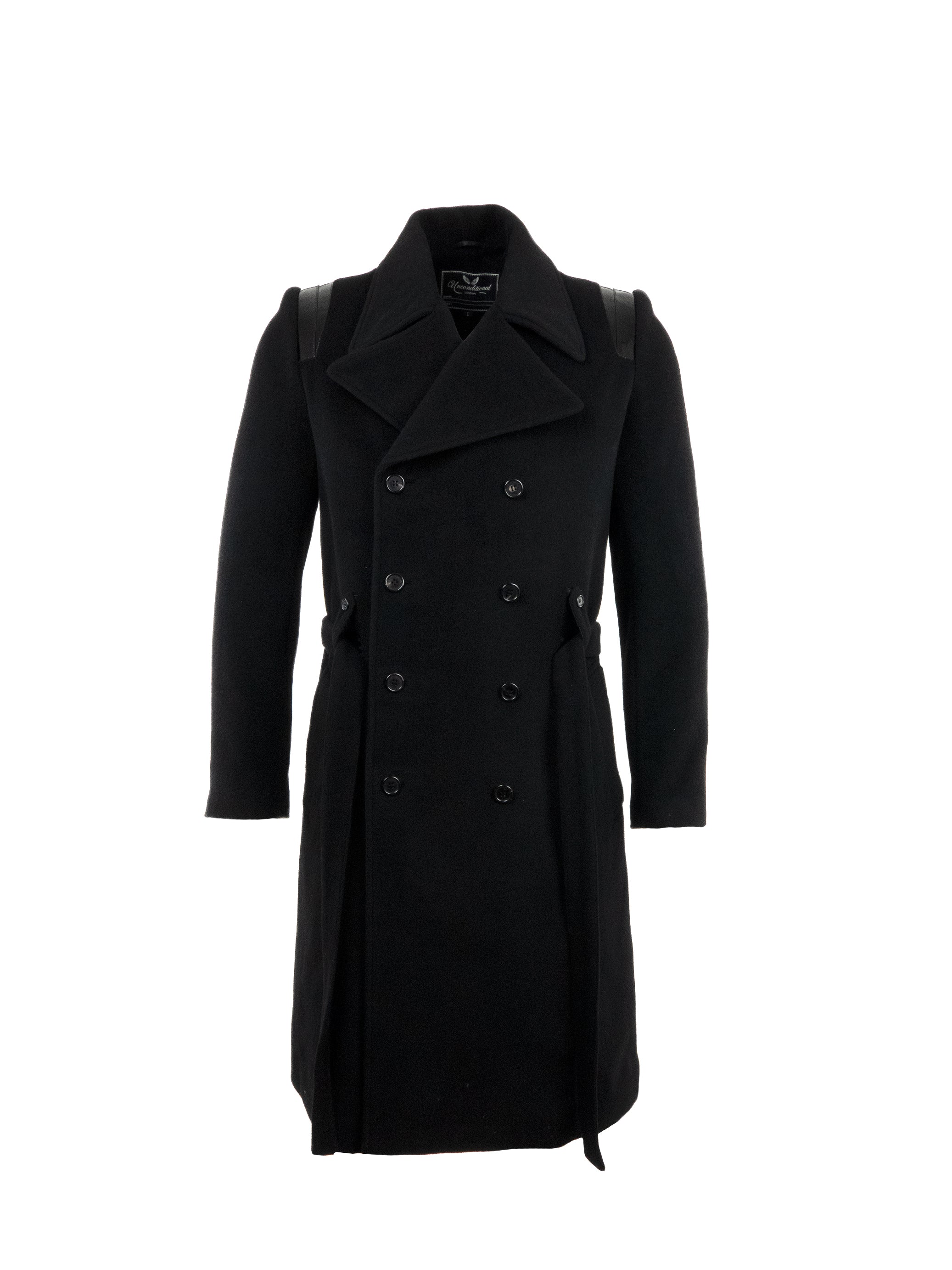 BLACK WOOL LONGLINE COAT WITH PATENT DETAILS