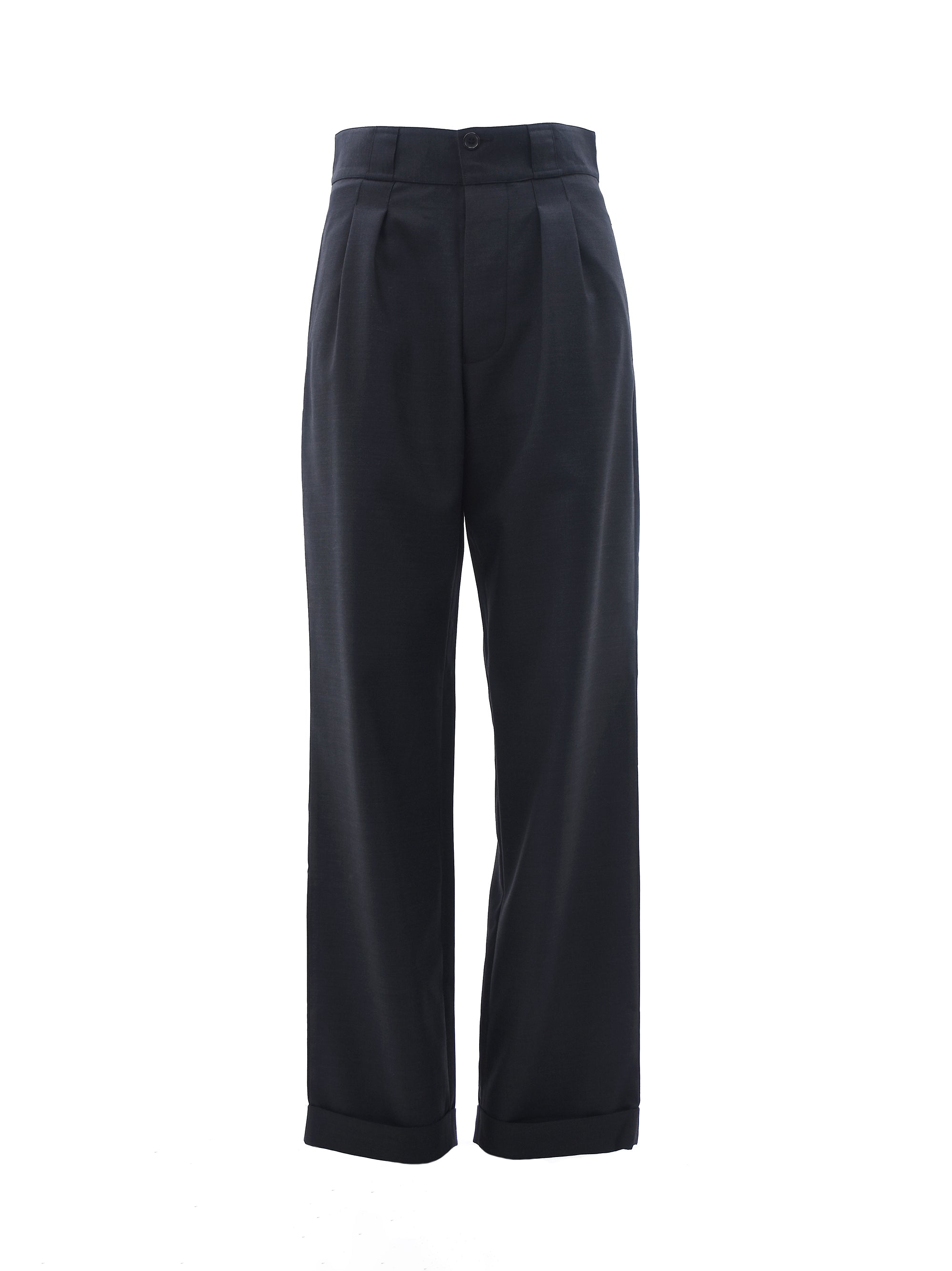 CHARCOAL WOOL PLEATED SUIT TROUSERS