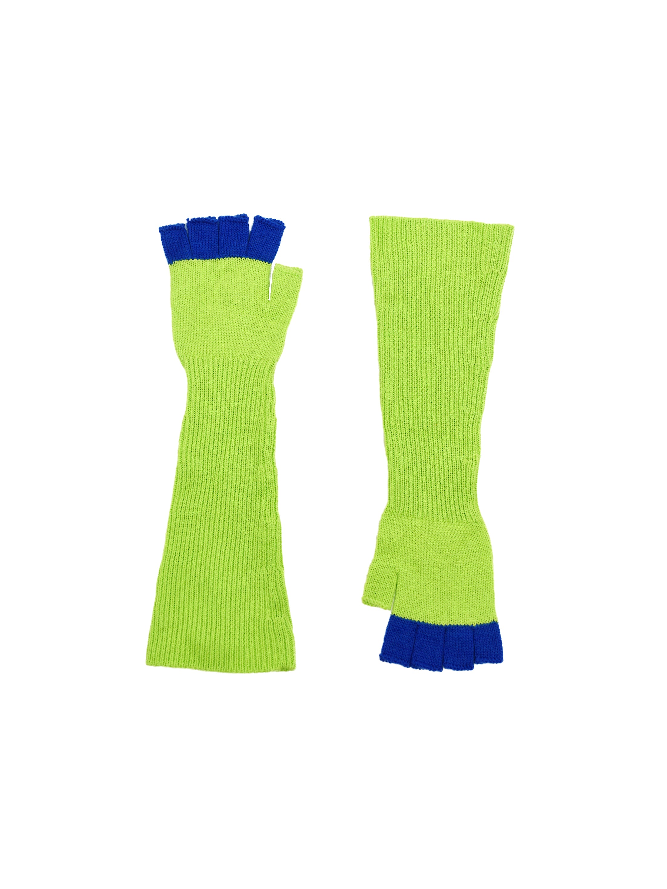 KNIT FINGERLESS GLOVES IN LIME AND BLUE