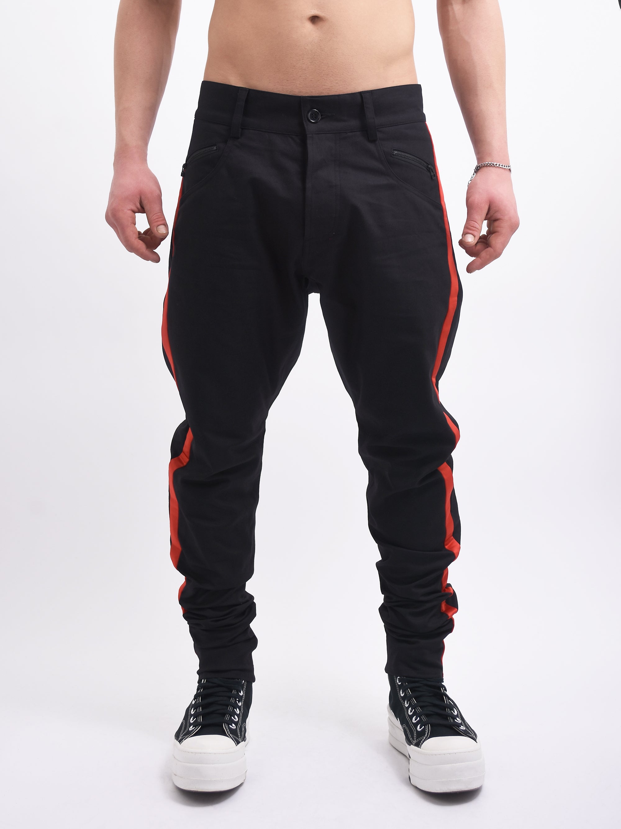 BLACK JEANS WITH RED SATIN SIDE STRIPE
