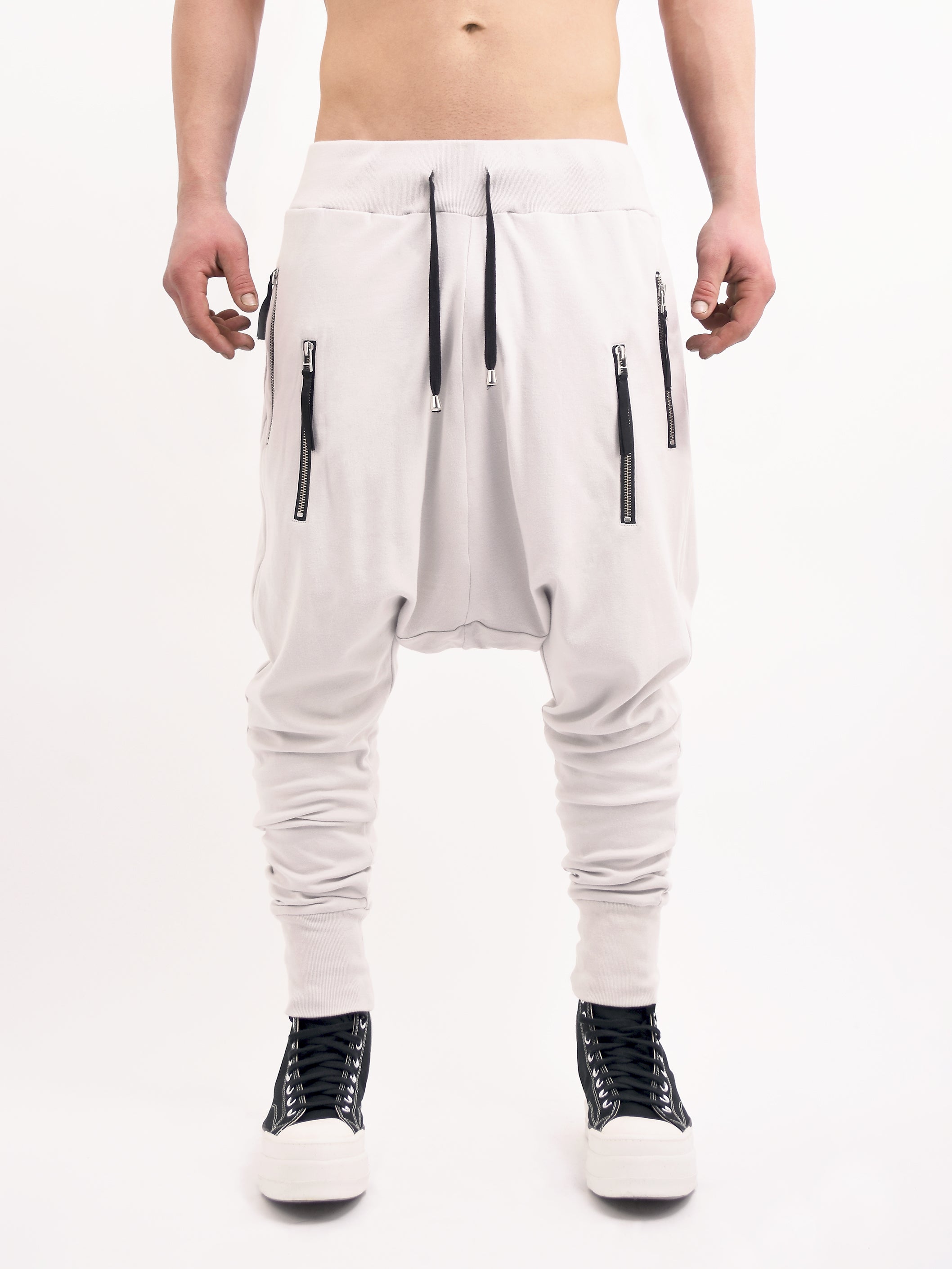 WHITE DROP CROTCH JOGGERS WITH DOUBLE ZIP