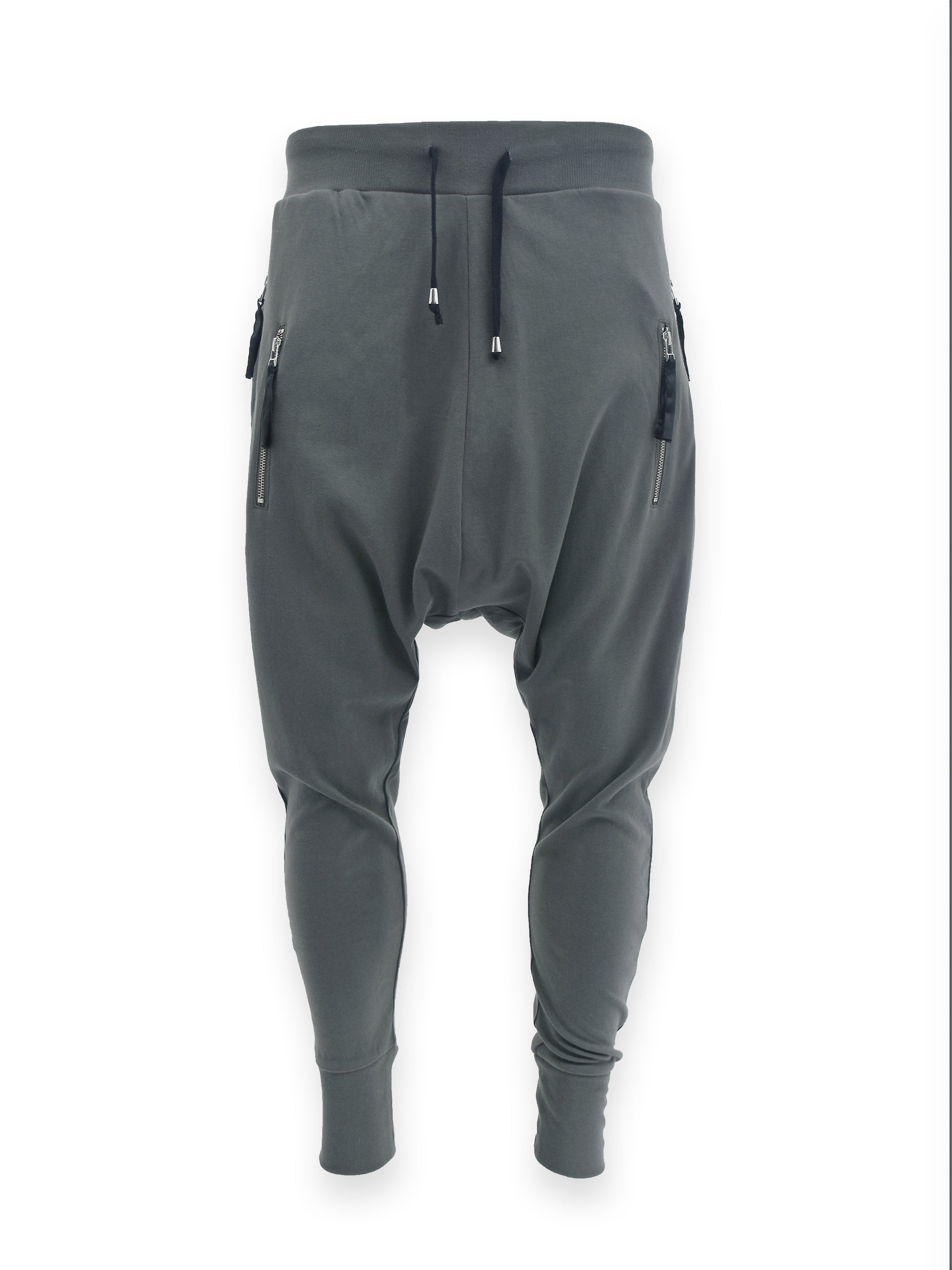 GREY DROP CROTCH JOGGERS WITH DOUBLE ZIP