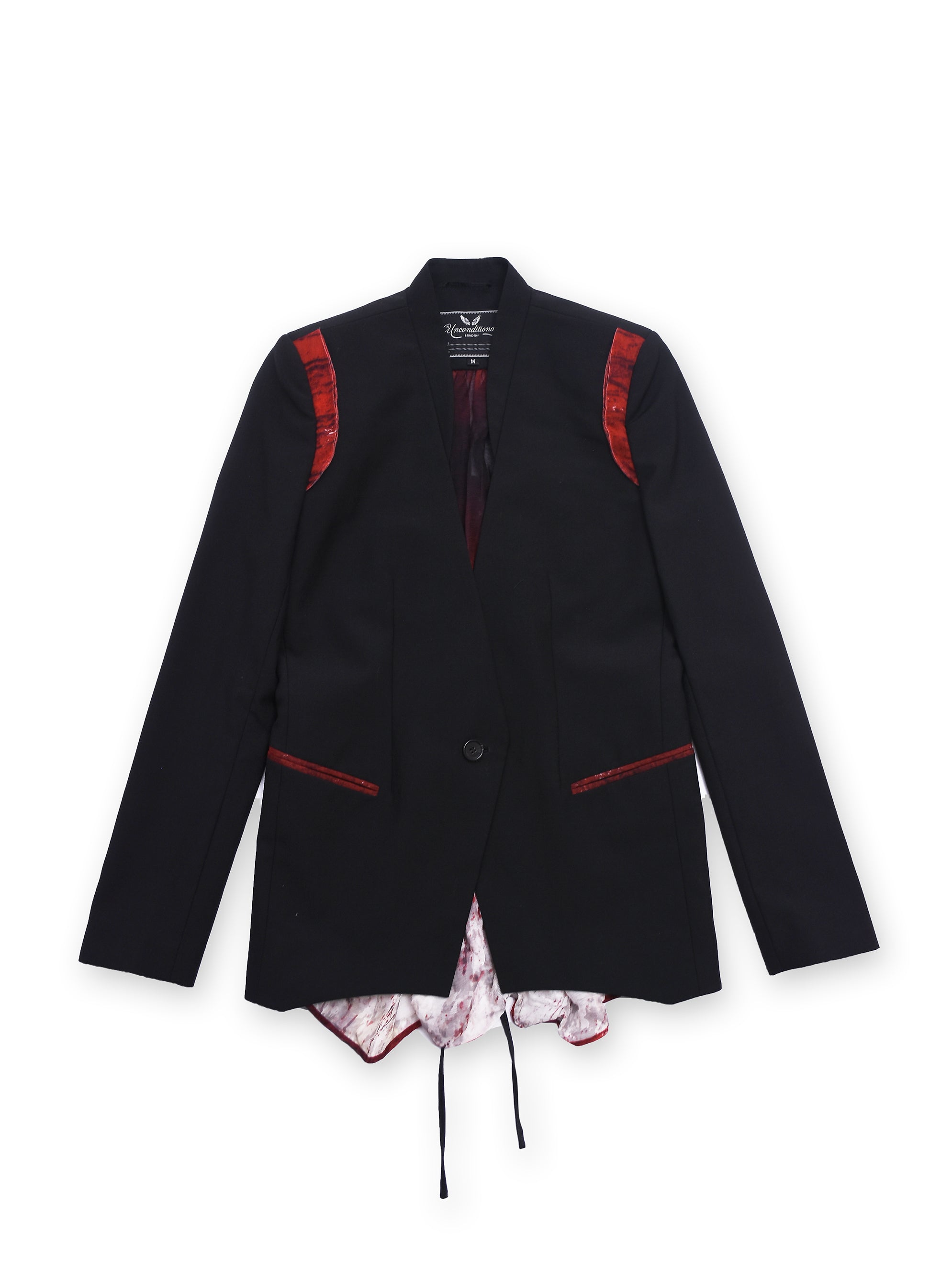 Black Blazer With Corset Back And Contrasting Red And Black Mesh