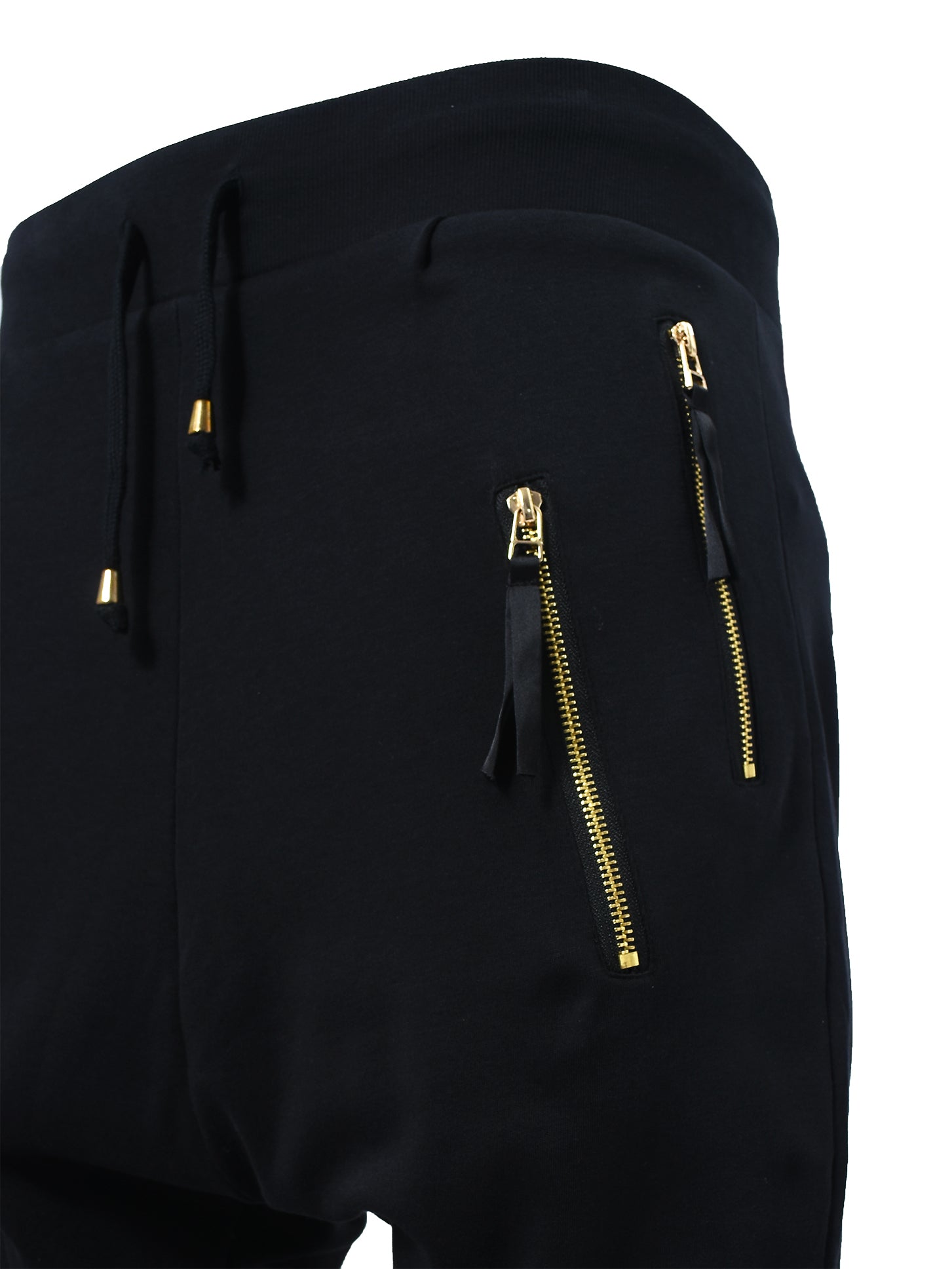 Black Drop Crotch Joggers With Gold Zips