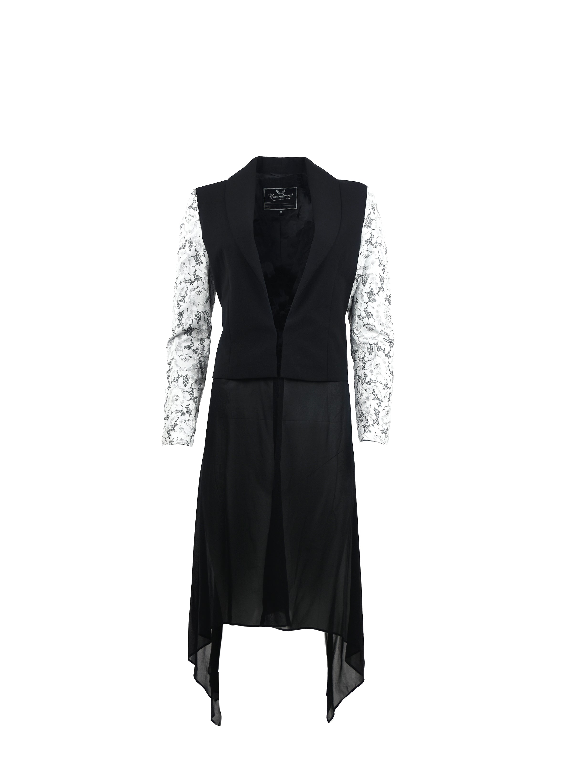 WOMENS BLACK SUIT JACKET WITH LACE SLEEVE APPLIQUE