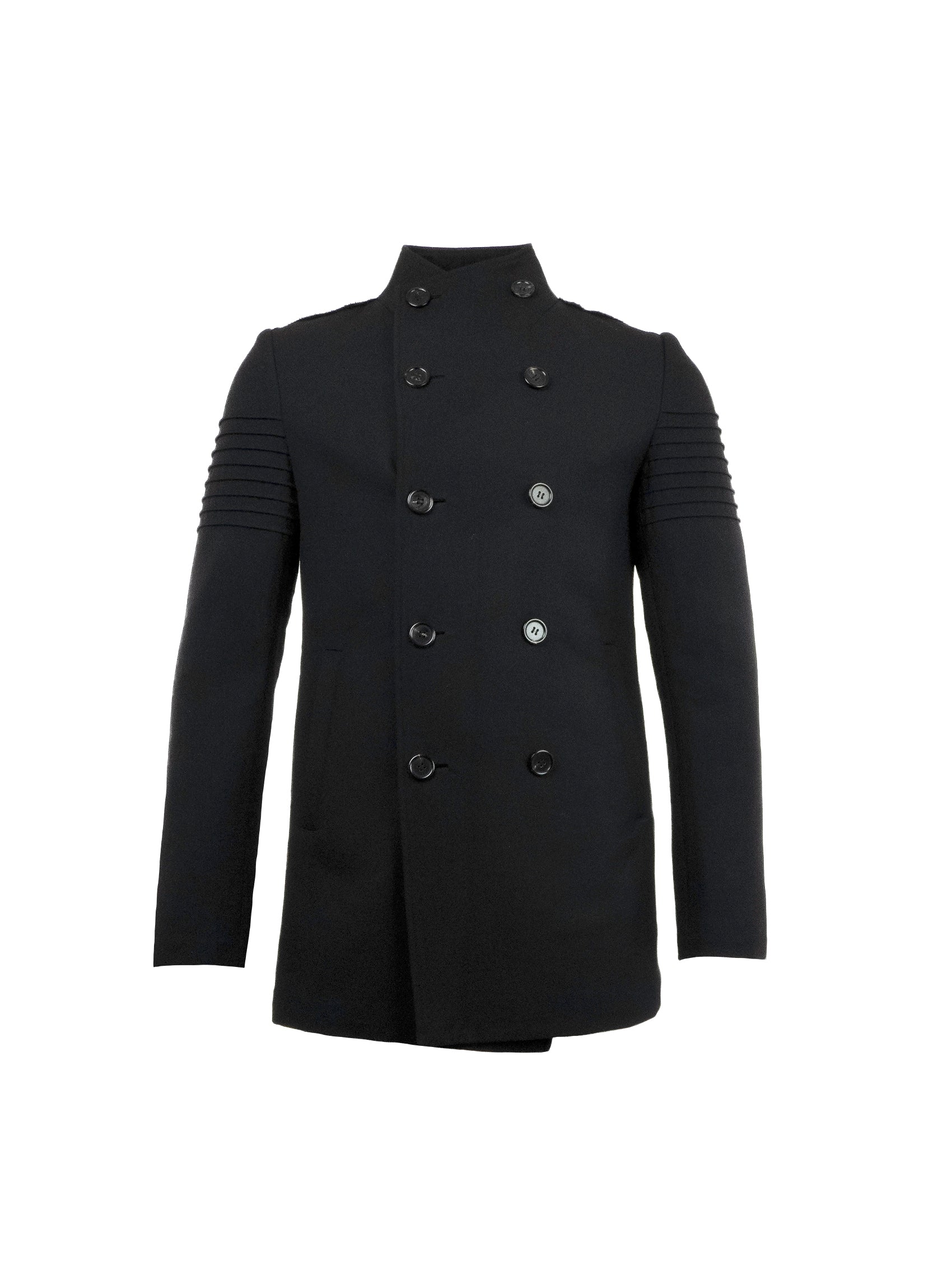 BLACK WOOL OVERCOAT WITH SUBTLE DISTRESSING