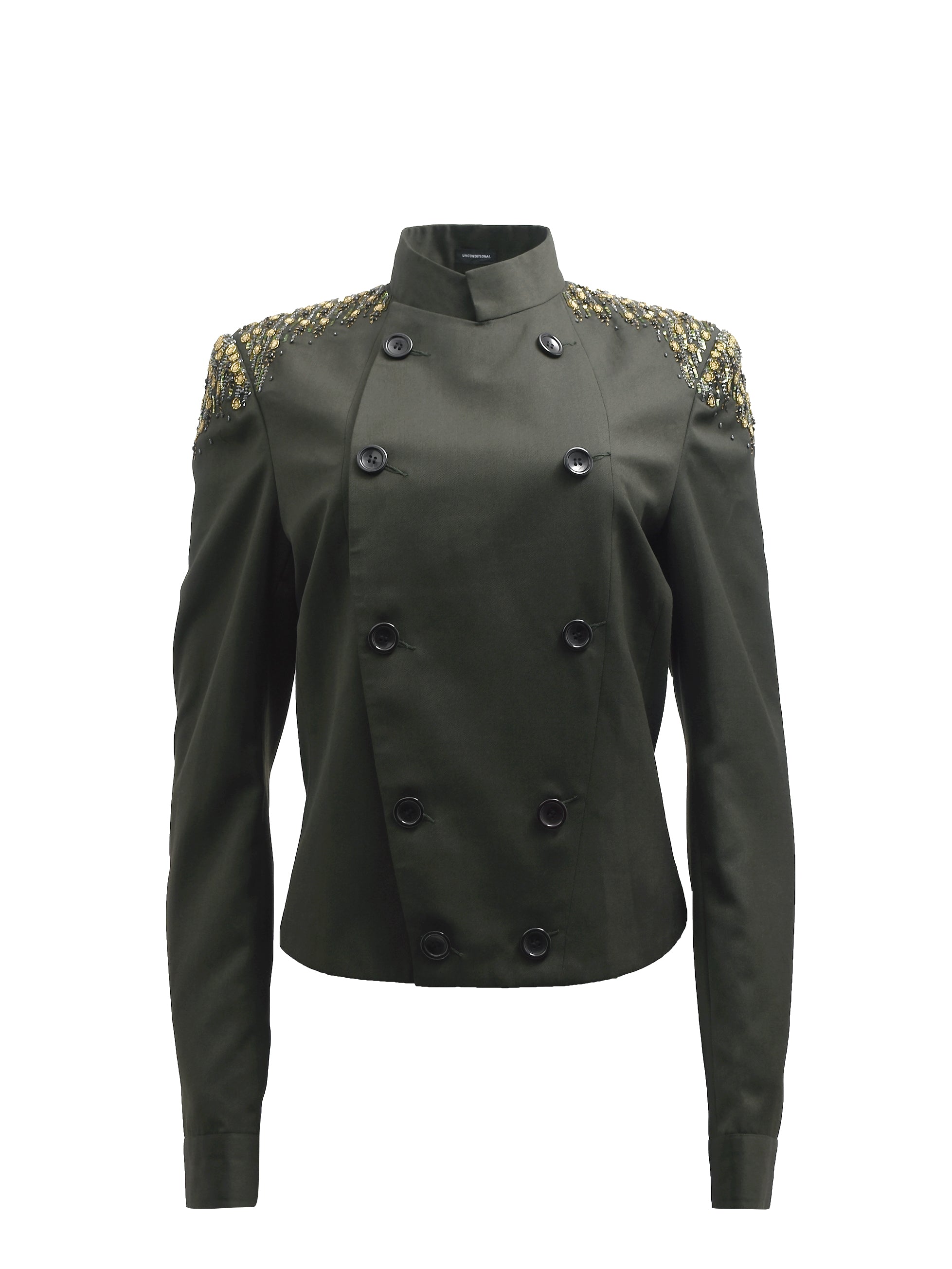 CROPPED FITTED JACKET WITH SEQUIN DETAILING IN DARK GREEN