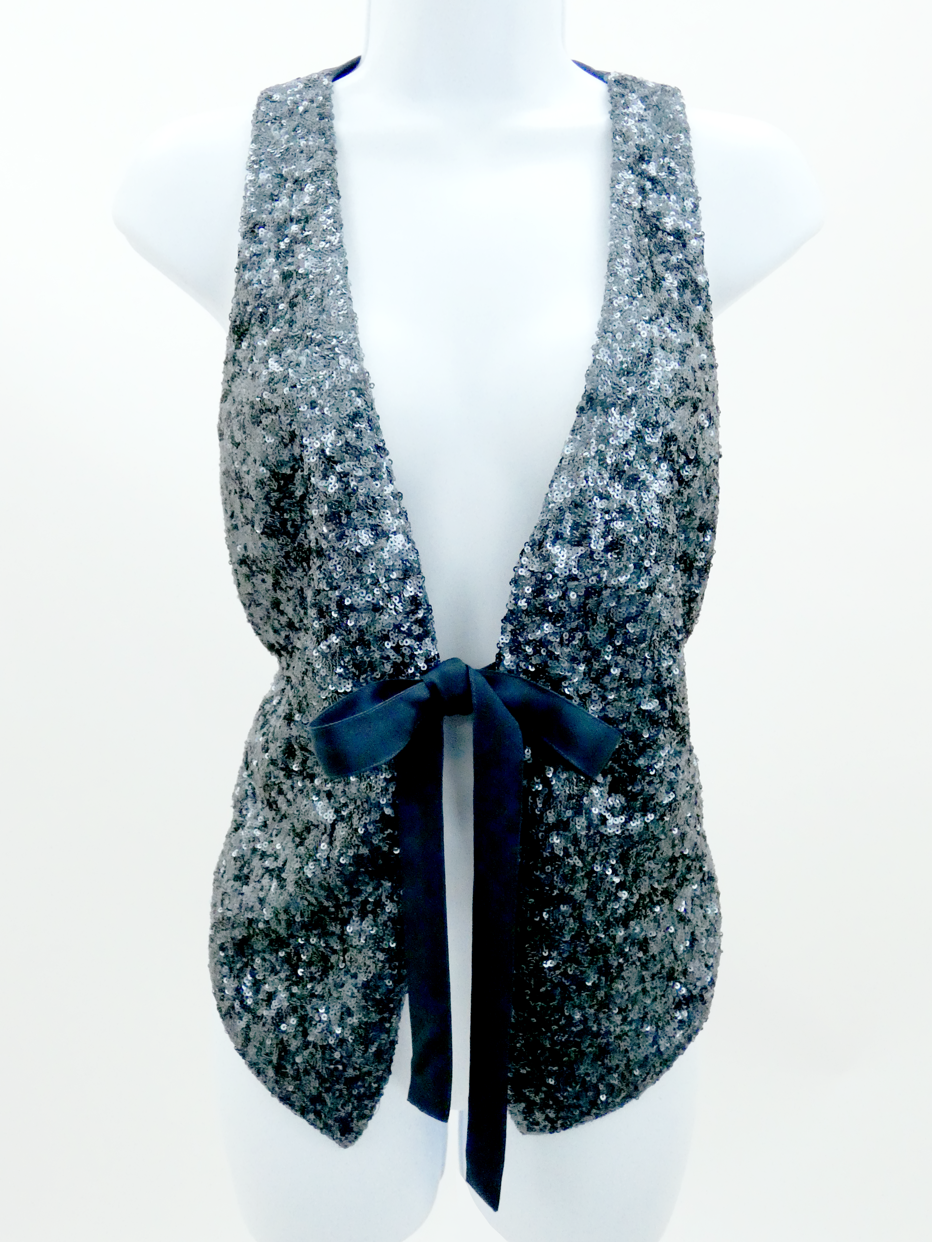 SLATE BLUE SEQUIN WAISTCOAT WITH RIBBON TIE FRONT