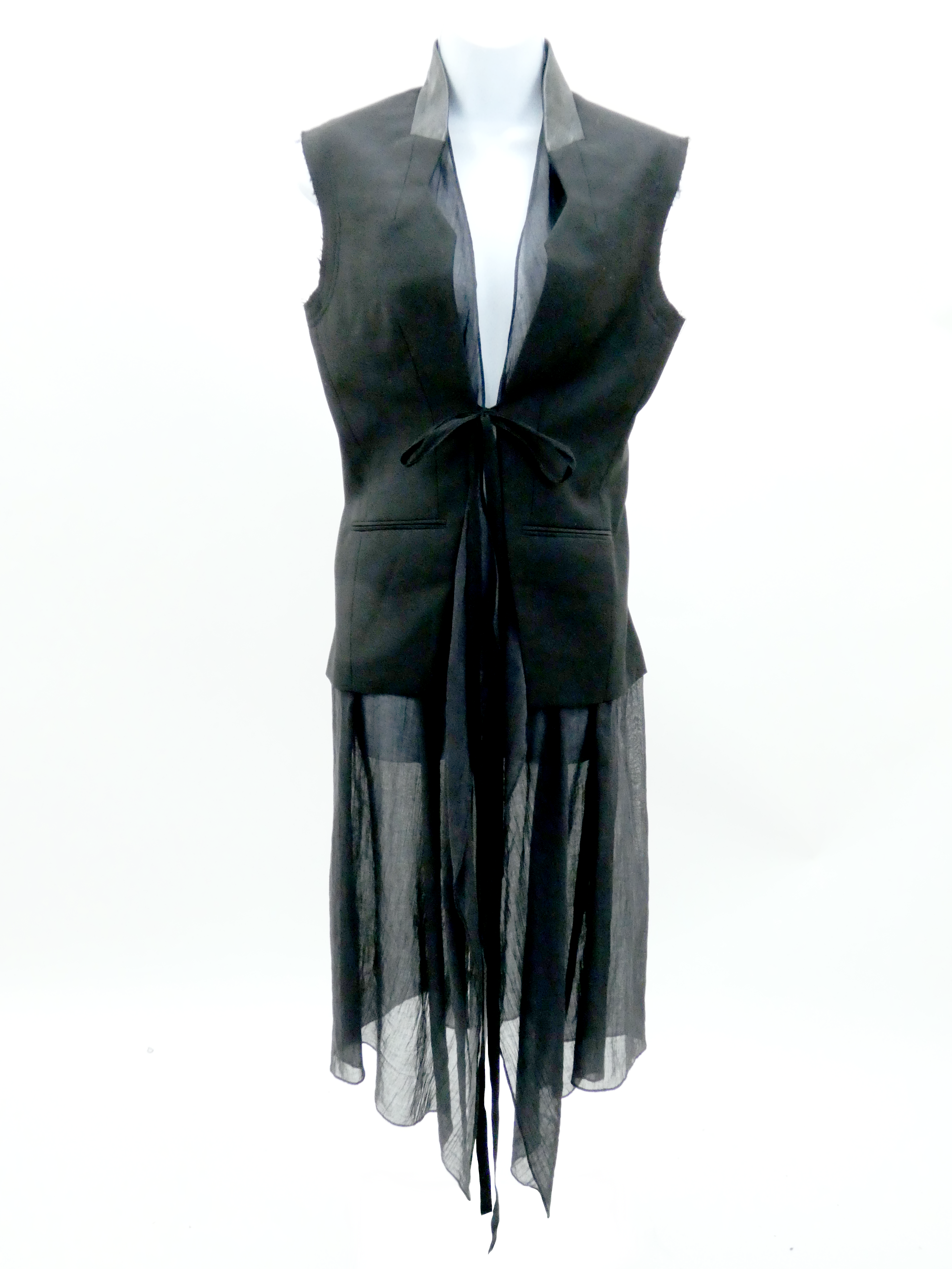 SIGNATURE BLACK CANVAS SLEEVELESS CUTAWAY JACKET WITH INNER COTTON VOILE DRESS