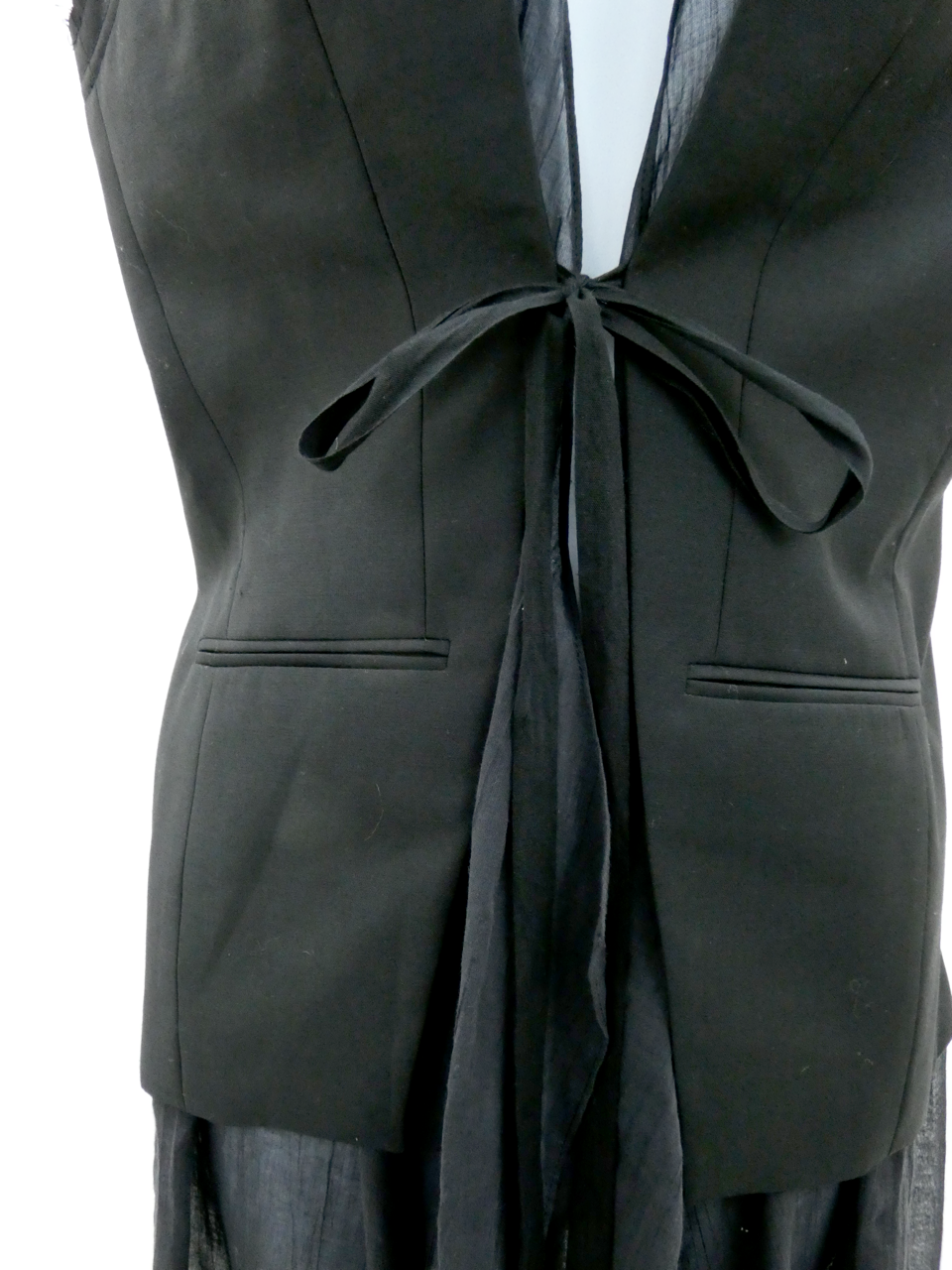SIGNATURE BLACK CANVAS SLEEVELESS CUTAWAY JACKET WITH INNER COTTON VOILE DRESS