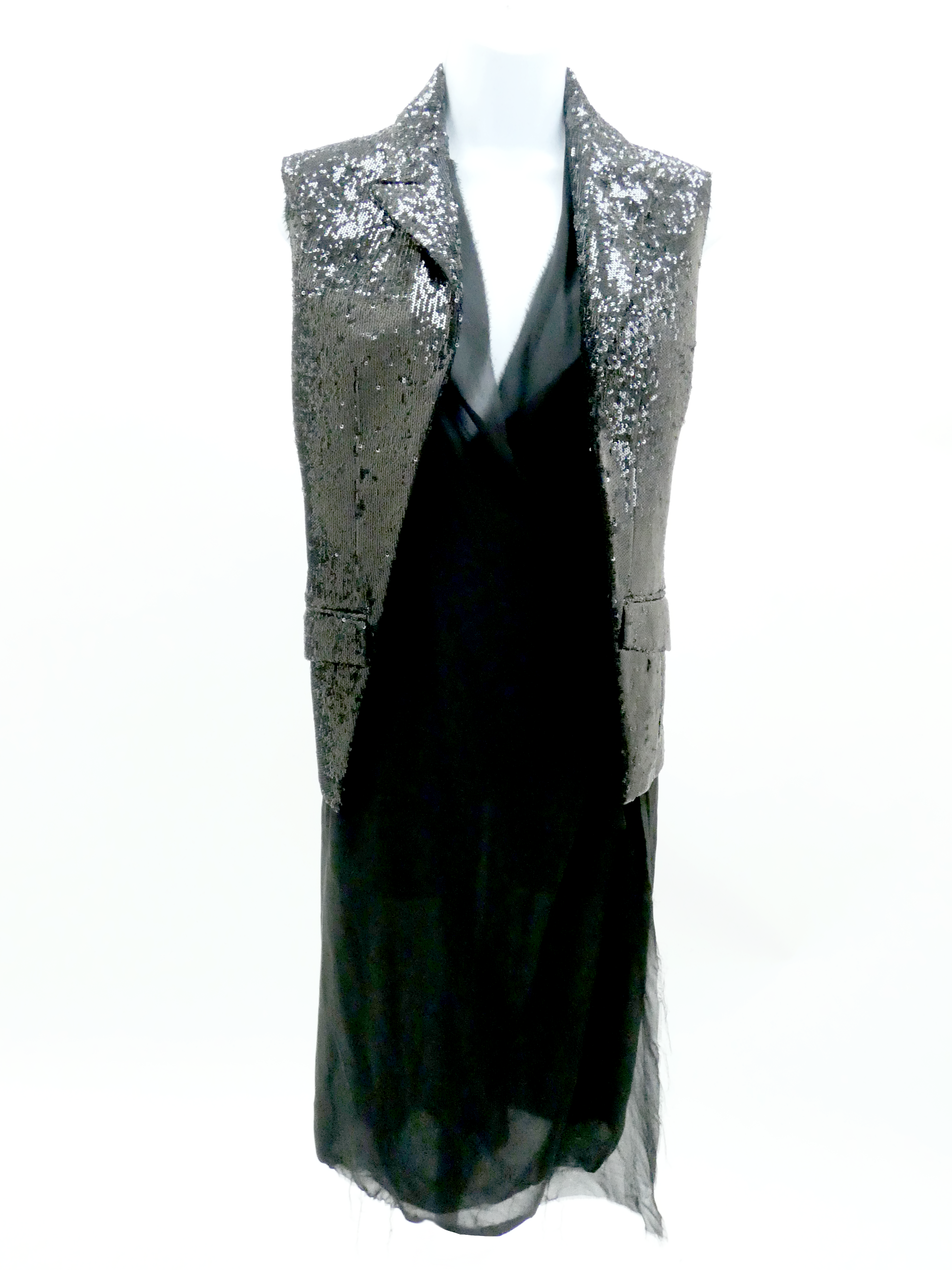 SILVER GREY SEQUIN SLEEVELESS JACKET WITH INNER DRAPES