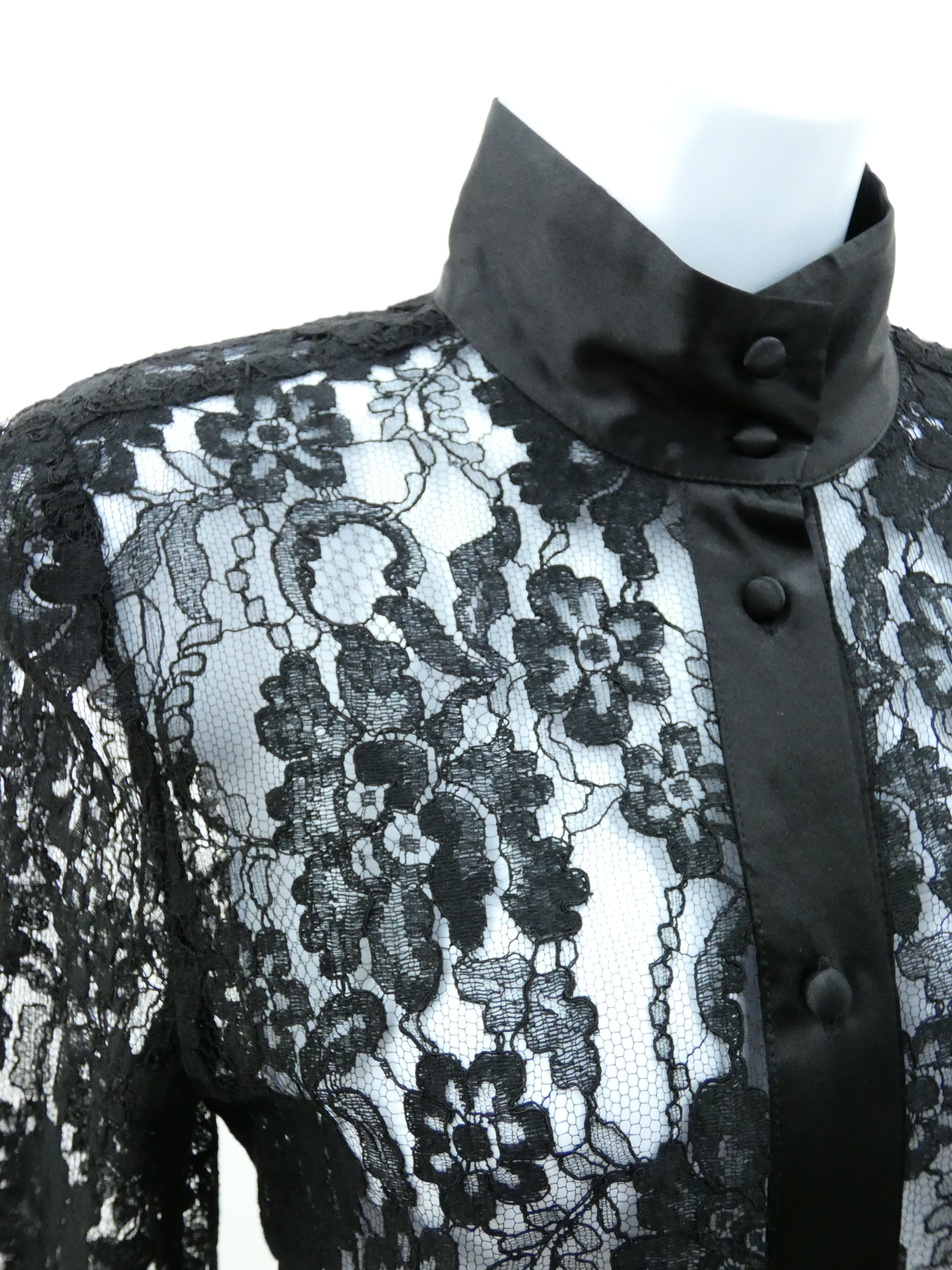 BLACK LACE SHIRT WITH SILK COLLAR AND CUFF DETAIL