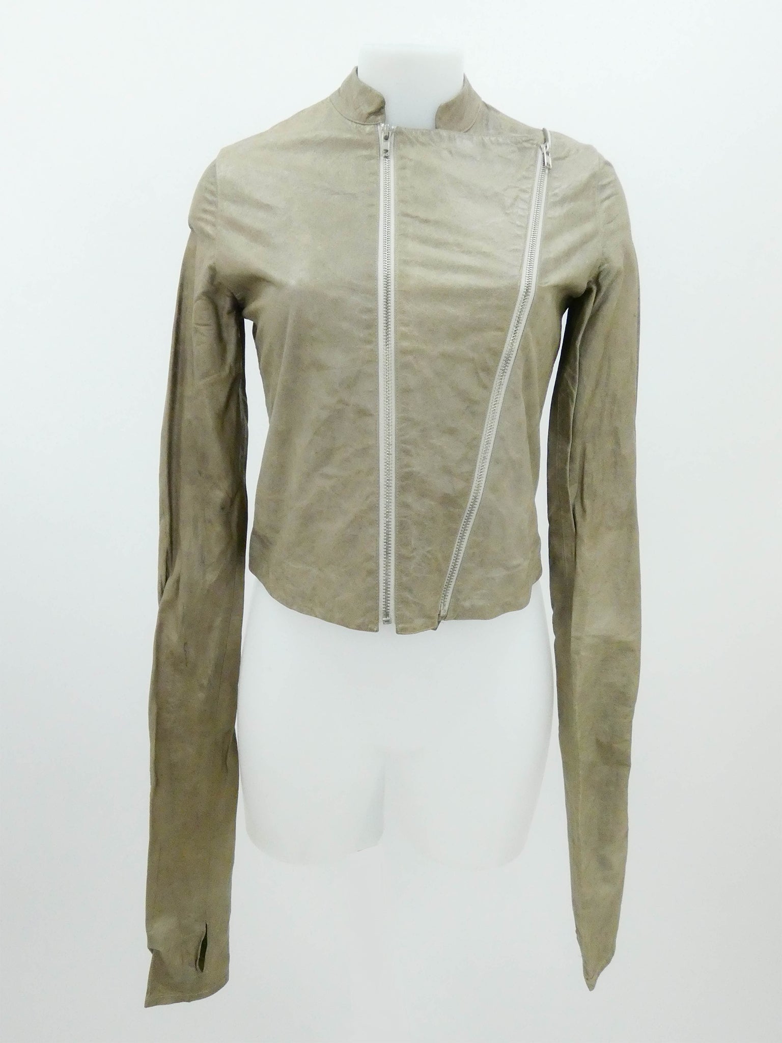 SIGNATURE BEIGE DOUBLE ZIP PAPER LEATHER JACKET WITH LONG SLEEVES