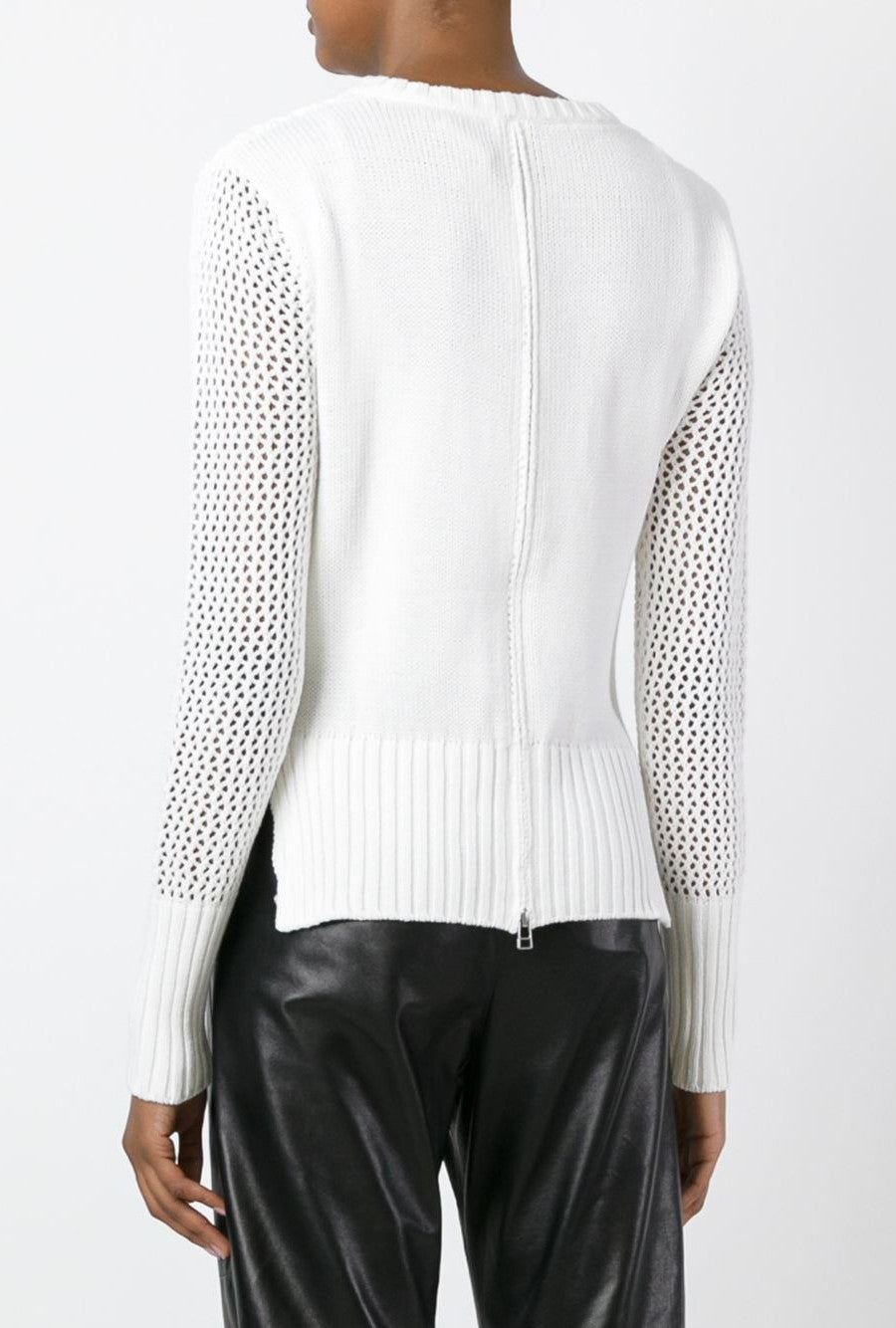 WHITE COTTON ZIP BACK MESH KNITTED SWEATER